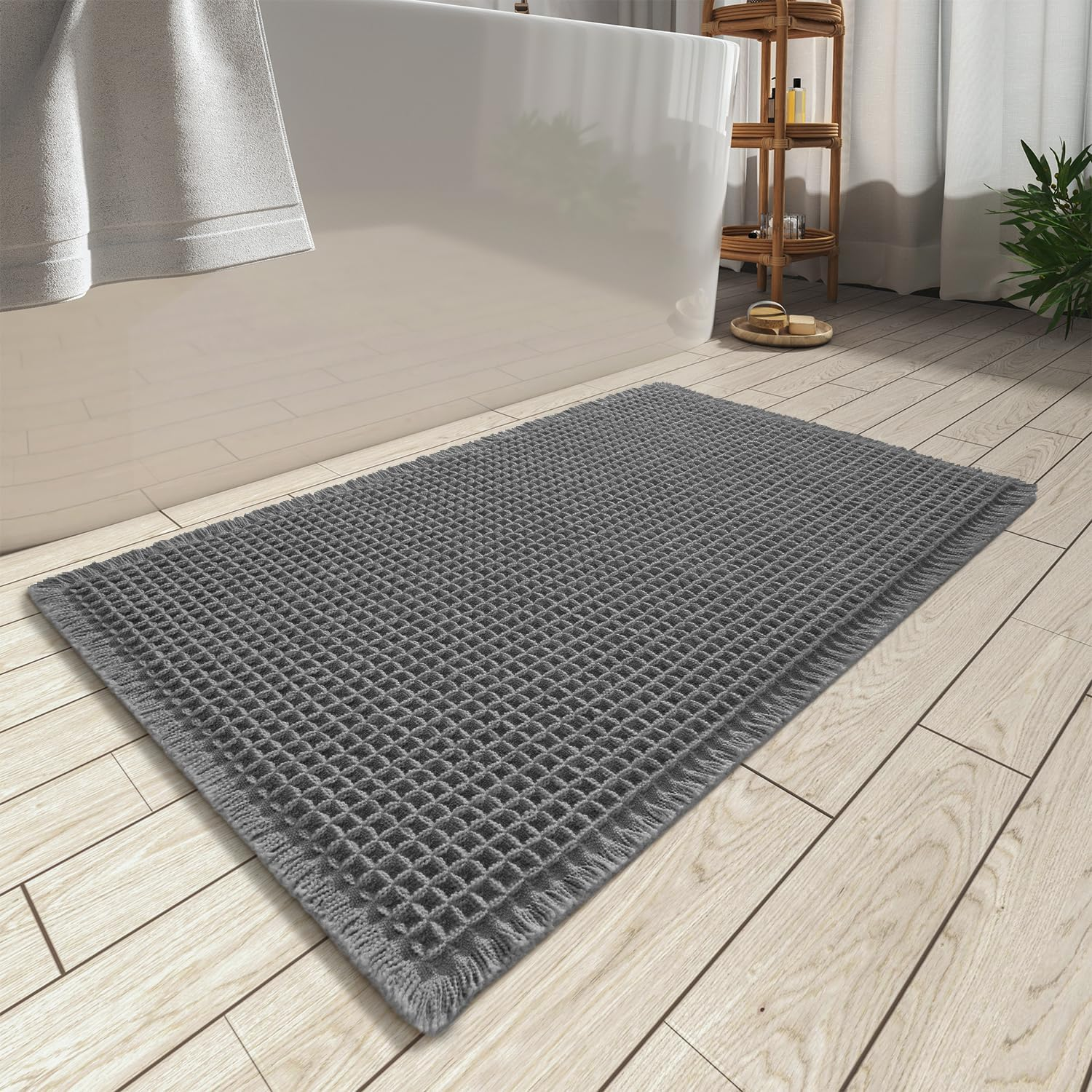 AMOAMI Upgraded Waffle Bath Mat, Super Absorbent Non Slip Bath Mats for Bathroom Floor, Machine Washable Bathroom Rugs with Tassels, Rubber Backed Bathroom Mats, Ultra Soft, 24" X 36", Grey