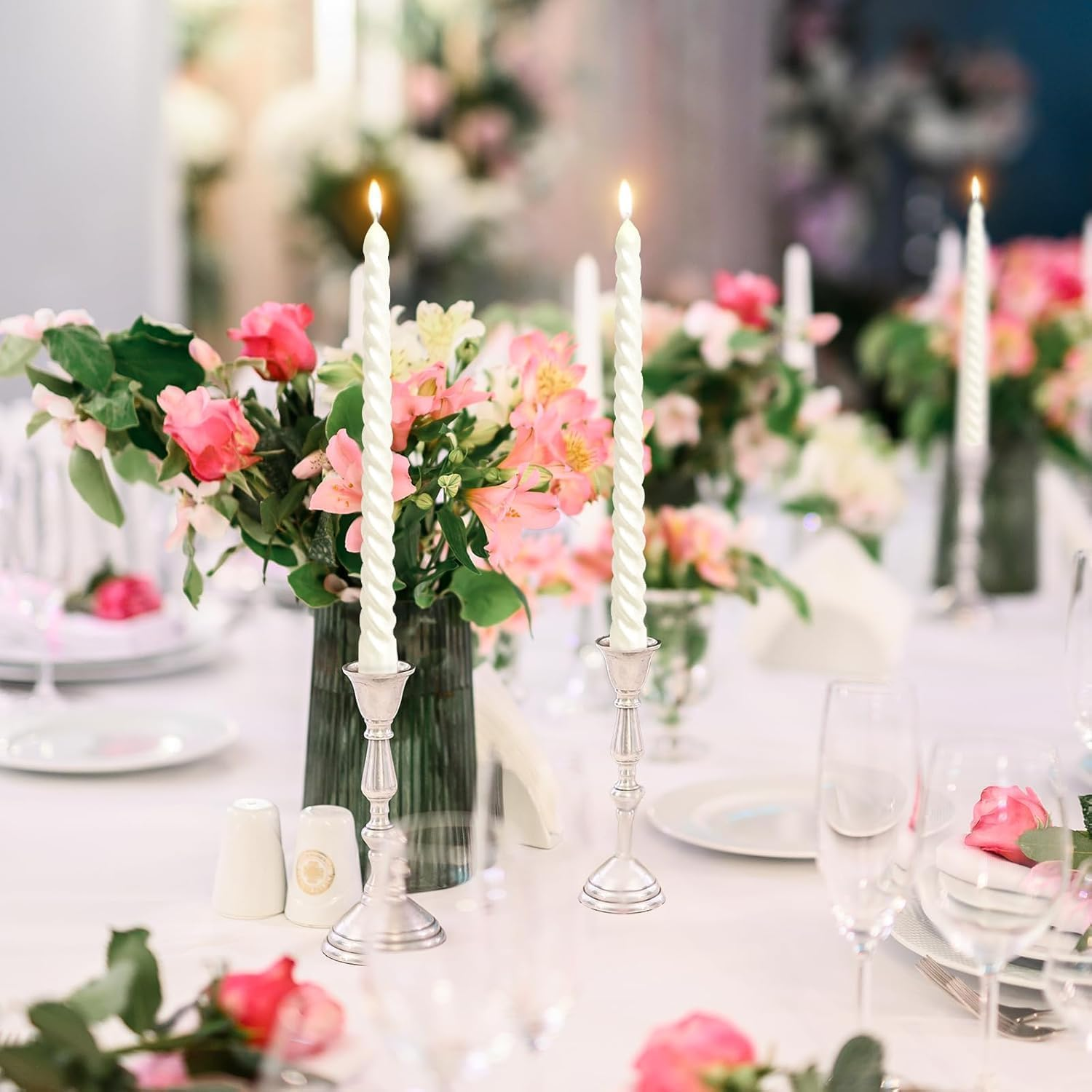 10 Inch Metallic White Spiral Taper Candles - 12 Pack Unscented, Dripless Twisted Candlesticks for Wedding, Dinner Party, Ceremony, Religious Events, and Holiday Home Decor (White) - White image number 6