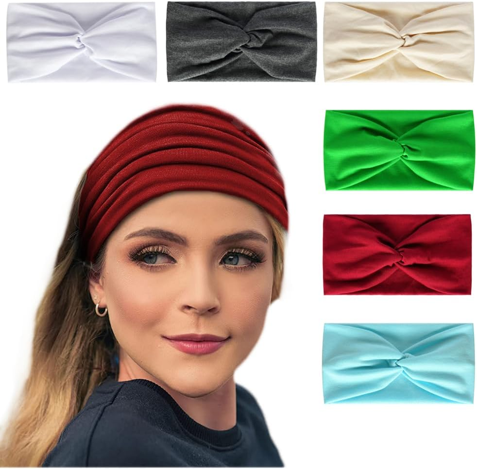 Pack of 6 Bandana Headbands for Women Wide Wavy Headscarf Boho Headscarves Wraps Turban Fabric Elastic Headband Yoga Hair Bands Sports Running Headscarves (Yellow13De)