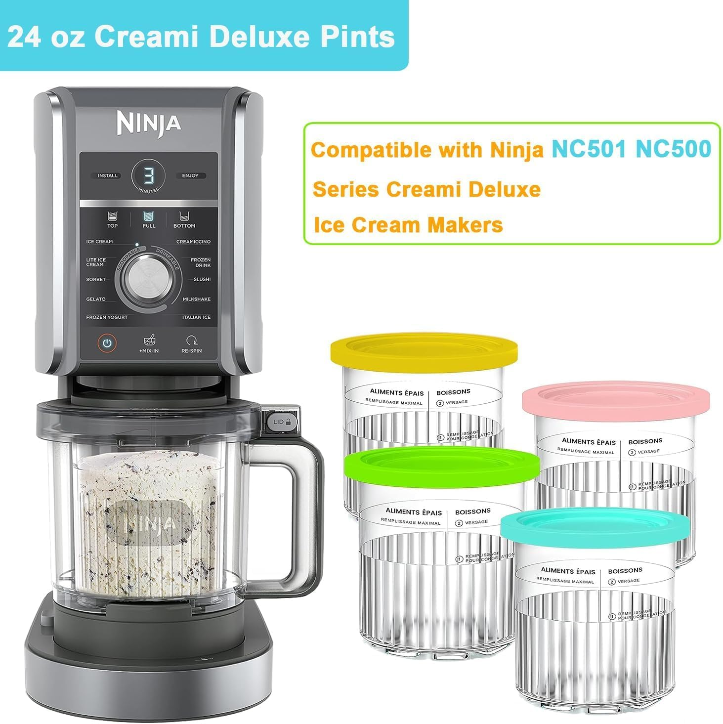 Ninja Creami Deluxe 11-In-1 XL Family Size Pints and Lids - 4 Pack, 24 Oz - Compatible with NC501, NC500 Series - Dishwasher Safe,Leak Proof image number 2