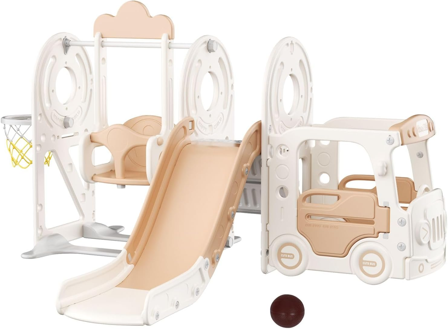 KIDBOT Kids Slide Set with Basketball Hoop Outdoor, 7 in 1 Kid Playground Telescope Steps Activity Centre Tunnel Ring Toss Indoor Outdoor Playset Toy