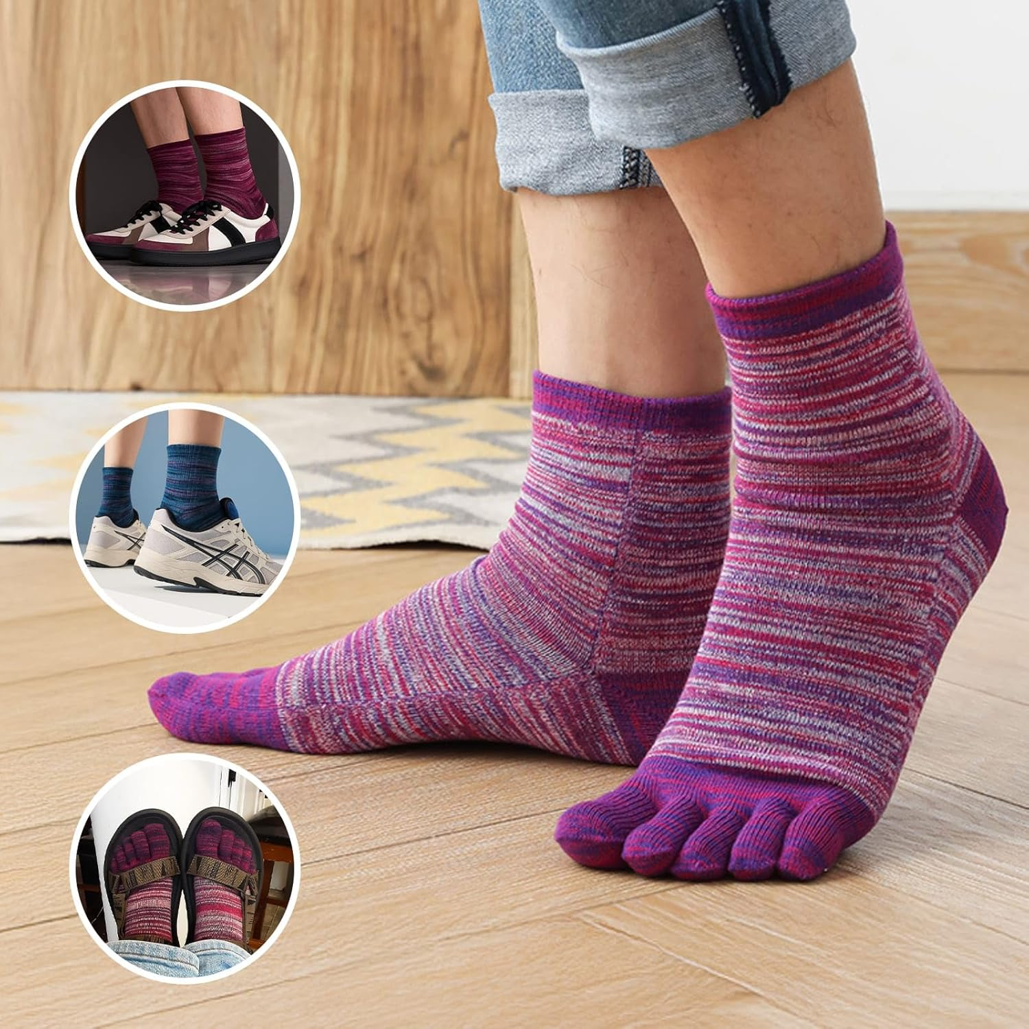 QUPOLPOL Men&rsquo;S Toe Socks &ndash; Retro Style Five Finger Cotton Socks, Breathable Moisture-Wicking Anti-Blister Athletic Socks for Running and Everyday Wear AU 6&ndash;11 - Multicolor-A image number 4