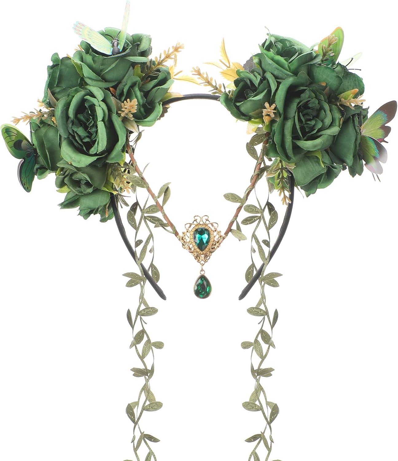 MOSTORY Green Fairy Blossom Headdress Elf Crown Floral Forest Headband with Butterfly Fairy Costume for Women Renaissance Renfaire Halloween Cosplay Fantasy Accessories image number 2