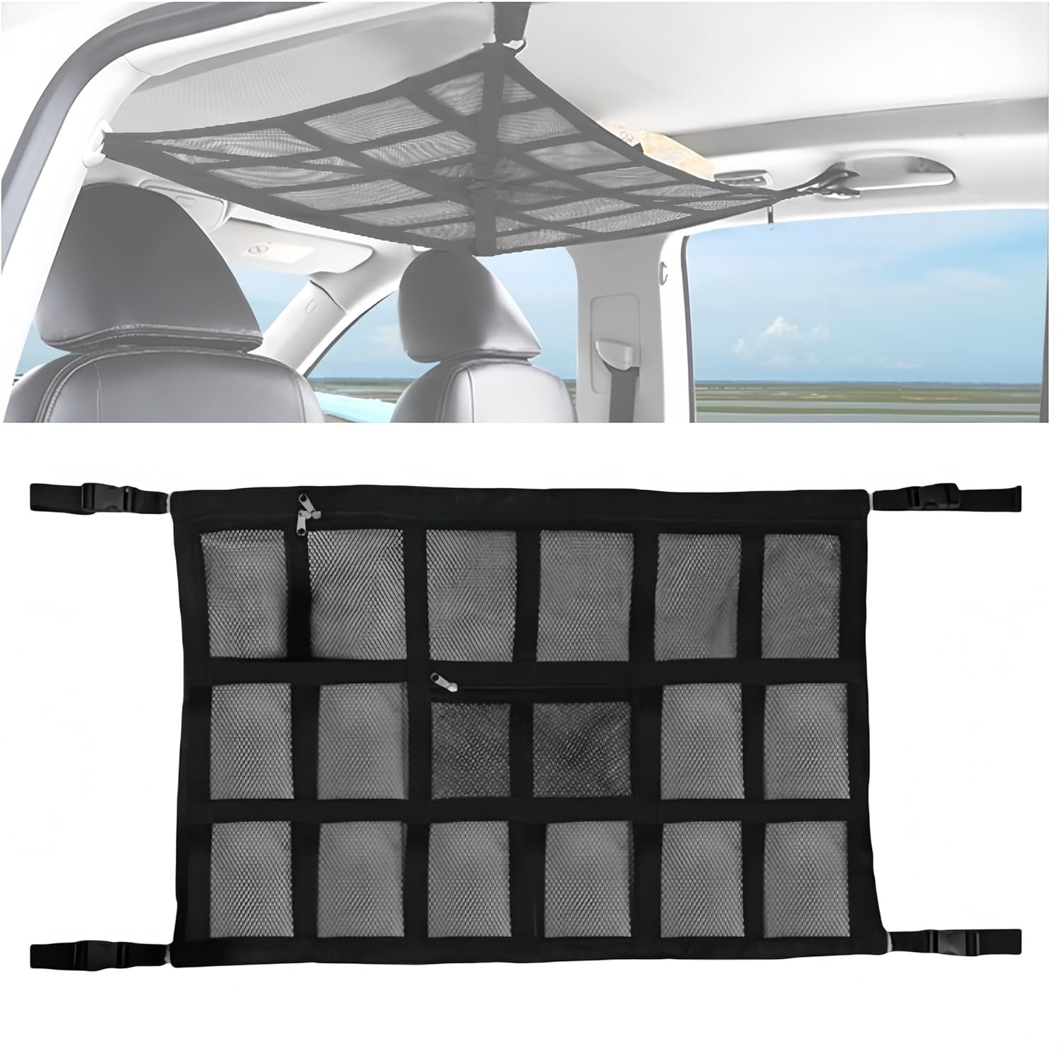 Ai-Oumleef Car Ceiling Cargo Net Pocket, Luggage Net Car Ceiling Storage Net, Adjustable Cross Strap Strengthen Load Car Ceiling Storage Net, Double Layer Mesh Car Organizer with Zipper(65 * 90)