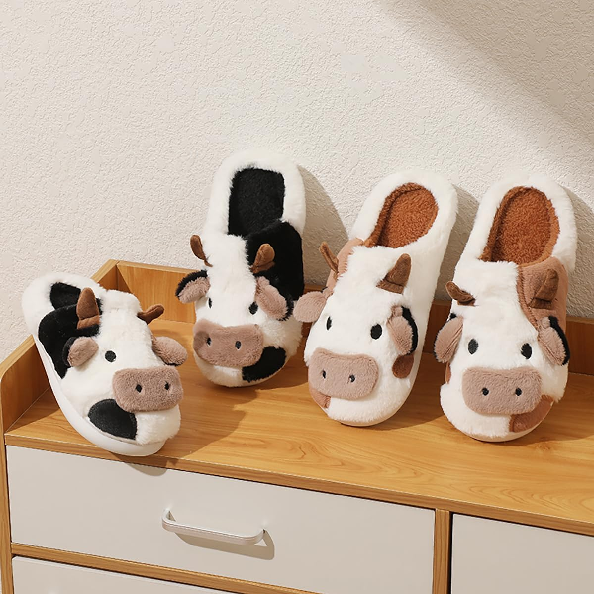 RAGEFIVE Cute Cow Slippers for Women Girls Fuzzy Plush Cotton Slippers Household Indoor Outdoor Slippers image number 3
