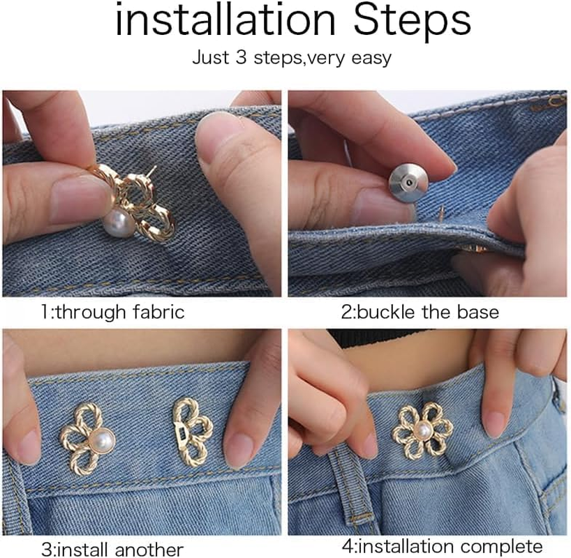 Flower Jeans Button 10 Sets Pant Waist Tightener, Adjustable Waist Buckle Sets No Sew and No Tools Detachable Decorative Waist Buckles, Jean Buttons Pins for Loose Jeans, Pants, Skirts (No Sew) image number 3