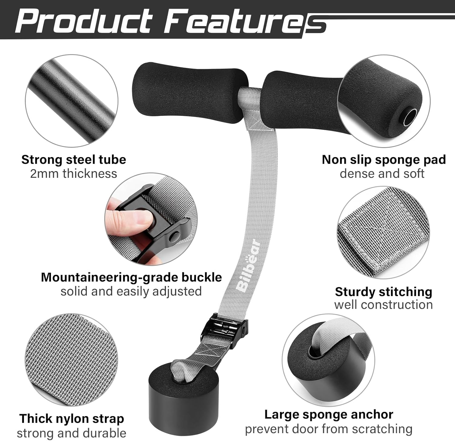 Bilbear Adjustable Nordic Hamstring Curl Strap with Kneeling Mat,Portable Nordic Strap for Hamstring Curls,Hamstring Stretch,Crunch,Sit-Ups,Nordic Curl Machine at Home,Withstand 400Lbs image number 3