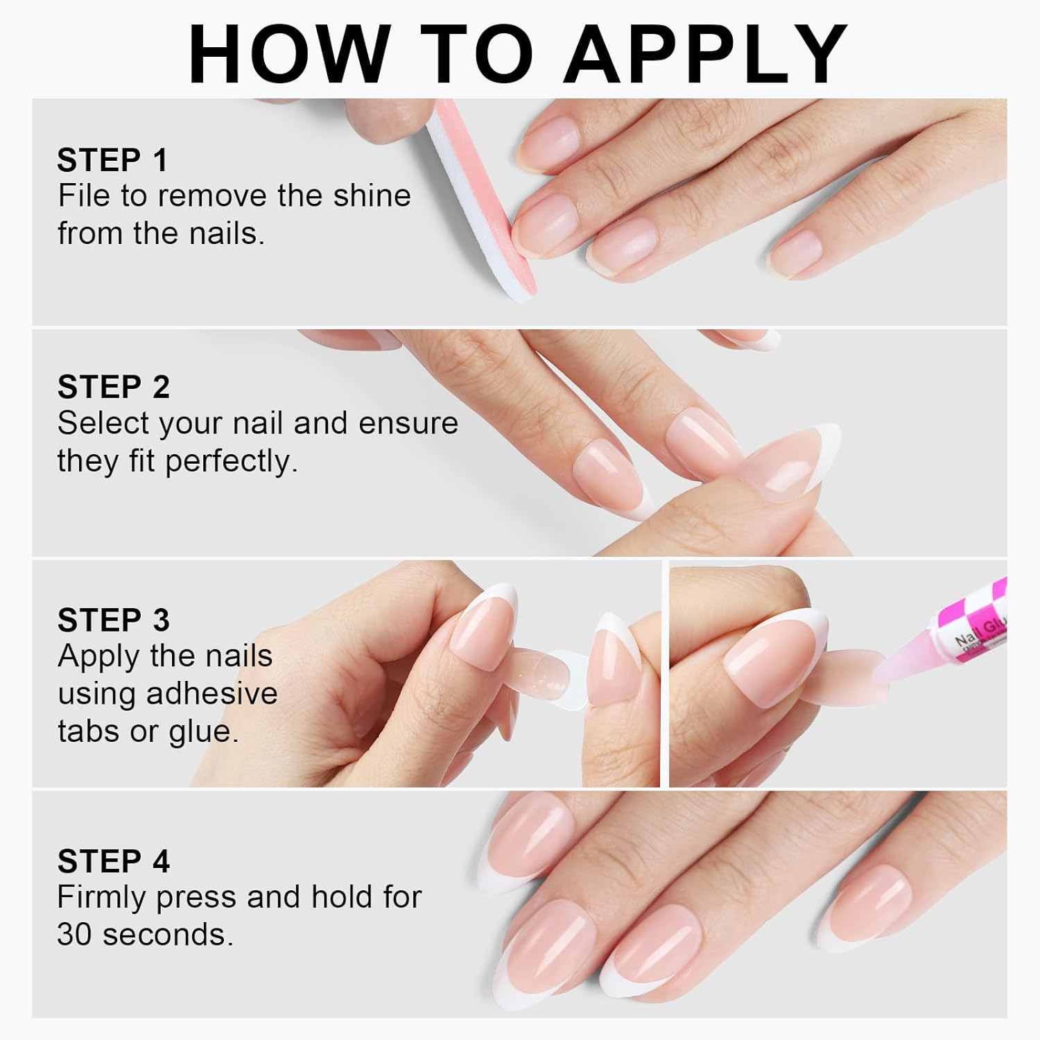 French Almond Gel Press on Nails Short 16 Sizes Fake Nails Glossy 32Pcs, Nail Glue Included image number 3