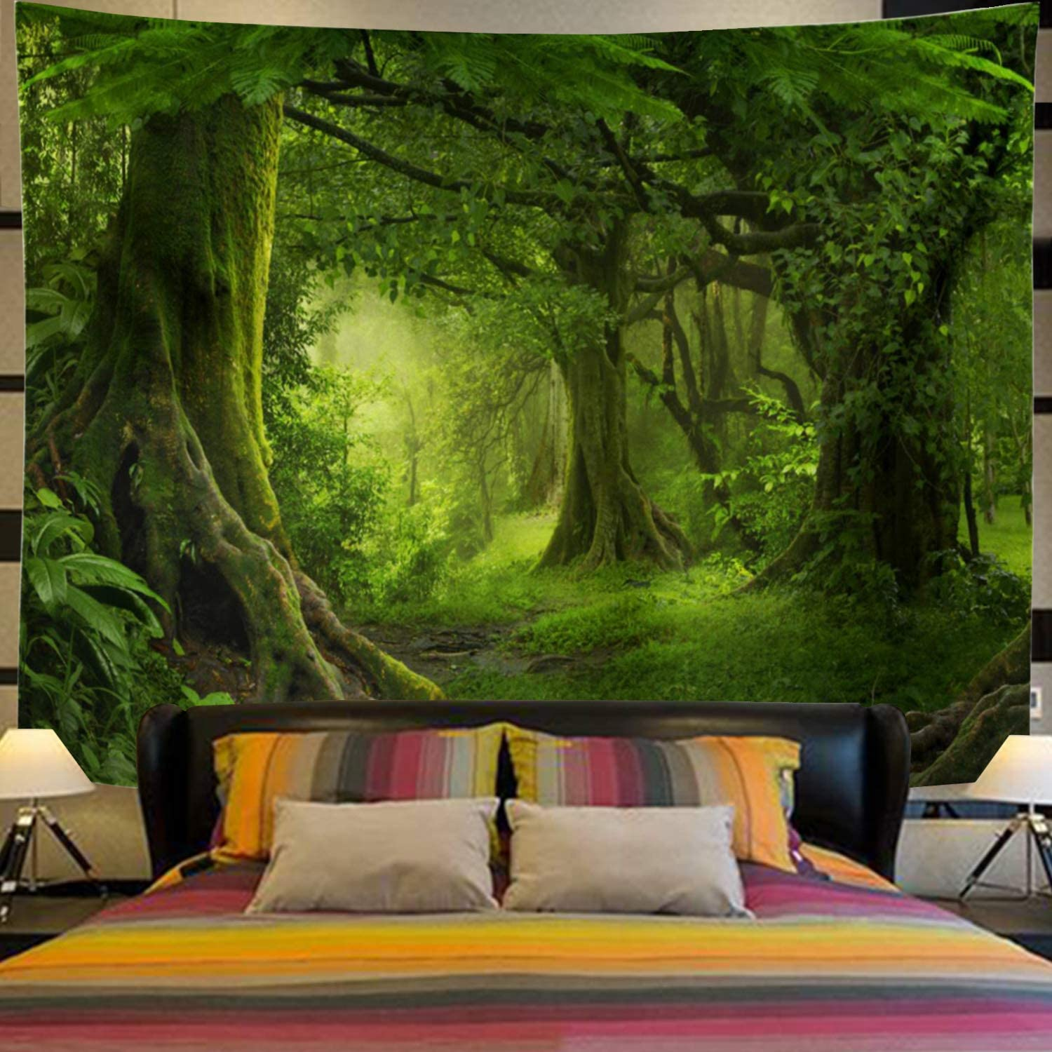 Lahasbja Virgin Forest Tapestry Green Tree in Misty Forest Tapestry Wall Hanging Nature Scenery Wall Tapestry Decor for Living Room Bedroom (XL/70.8"&times;92.5", Green Trees) image number 5