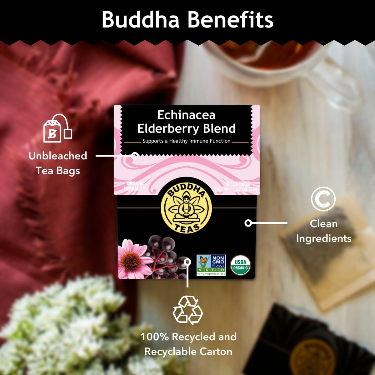 Buddha Teas Organic Echinacea Elderberry Blend Herbal Tea 18 Teabags image number 2