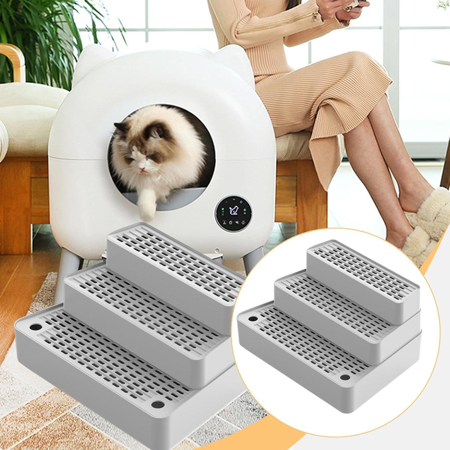 Generic Litter Box Ramp, Step Stool, Removable Mat, Washable Pad, Easy to Clean, Cat Litter Stairs, 3 Steps for Small Cats, Light Gray - Dark Gray image number 5