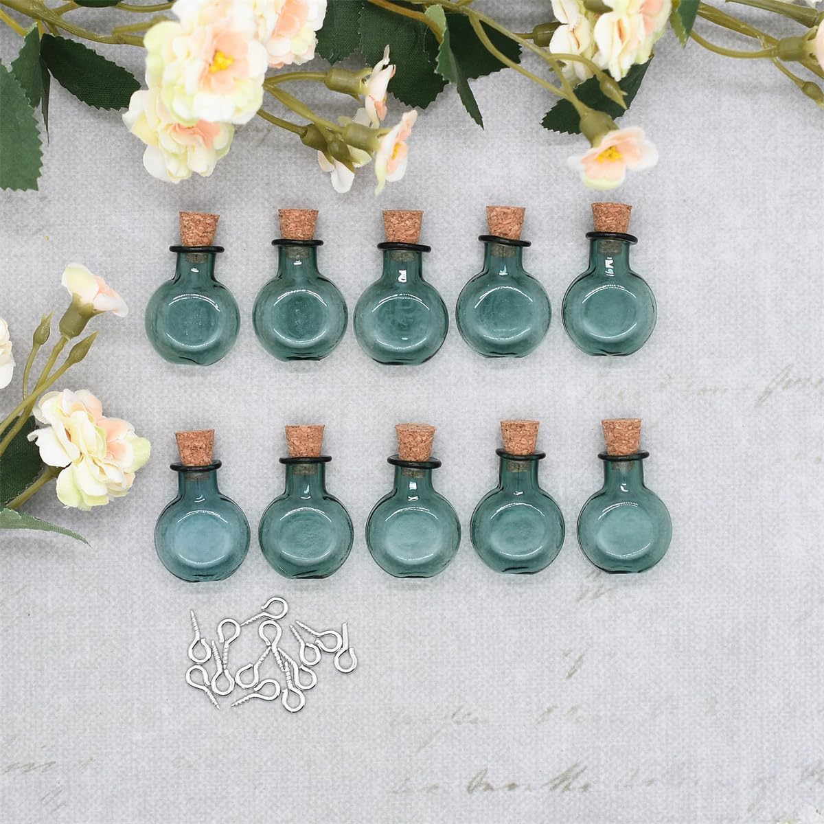 10 Pieces Vibrant Colored Tiny Flat Oval Spell Jars &ndash; Glass Mini Potion Wishing Bottles with Cork Stoppers for Wedding, Party, and DIY Crafts Supplies (Blackish Green)