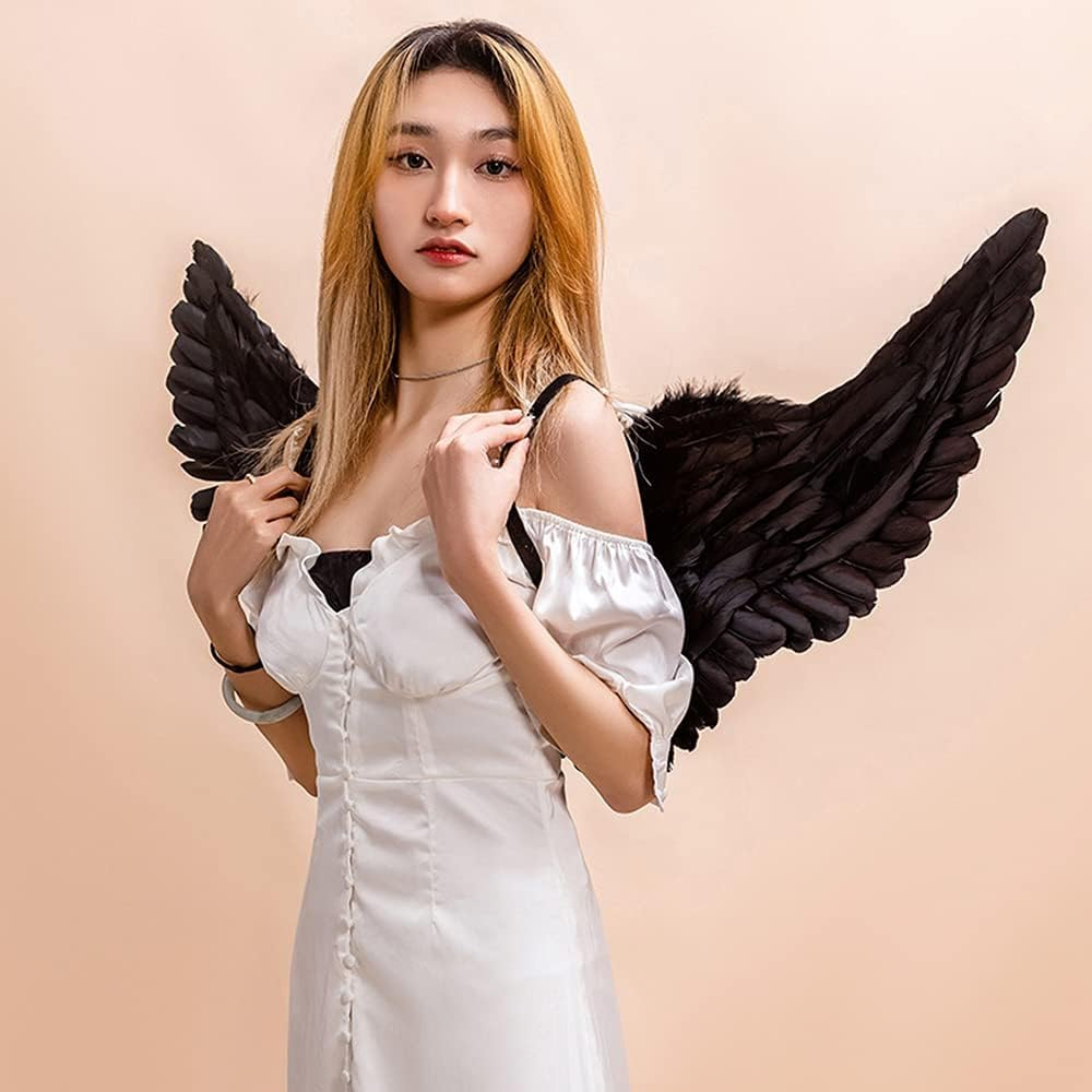 Angel Wings Black, 60 Cm Costume with Halo and Wand, Women'S and Girls' Black Feather Wings, Angel Decoration image number 5