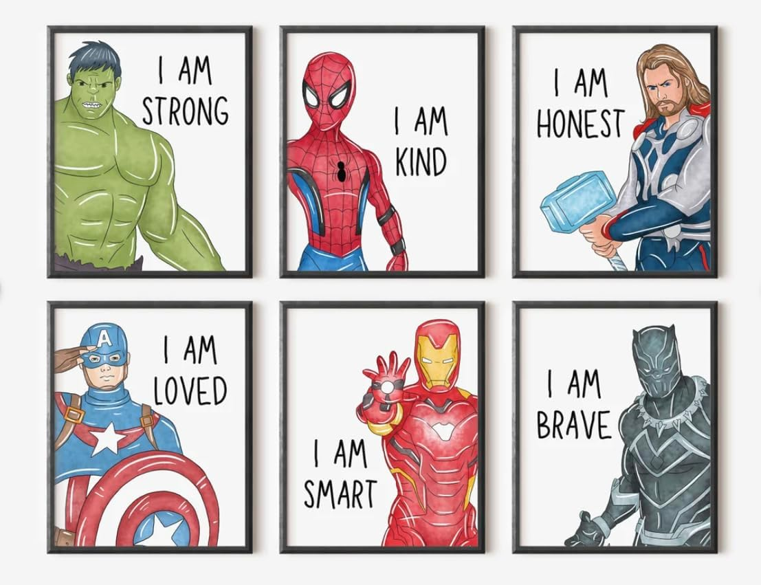 Shophaven Superheroes Art Print Set of 6, &lsquo;I AM&rsquo; Affirmations, Boys Bedroom D&eacute;cor, Kids Wall Art, Iron Man, Hulk, Spiderman, Thor, Black Panther and Captain America, Superheroes (11X14)
