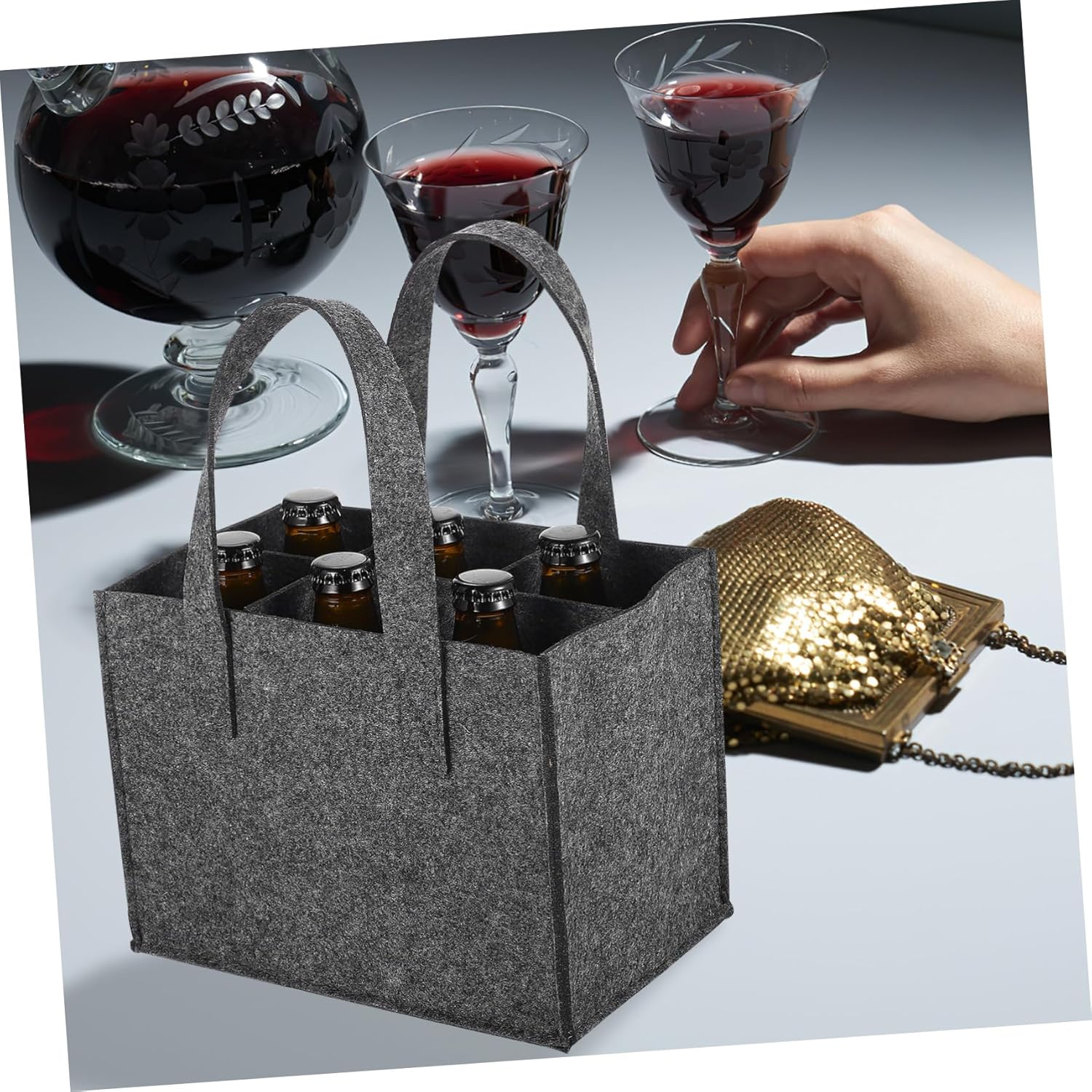 CHILDWEET 4Pcs Thick Felt Carrier Bag with Handle Portable Wine Handbag Tote for Travel Camping Picnic Reusable Storage and in Medium Gray image number 1