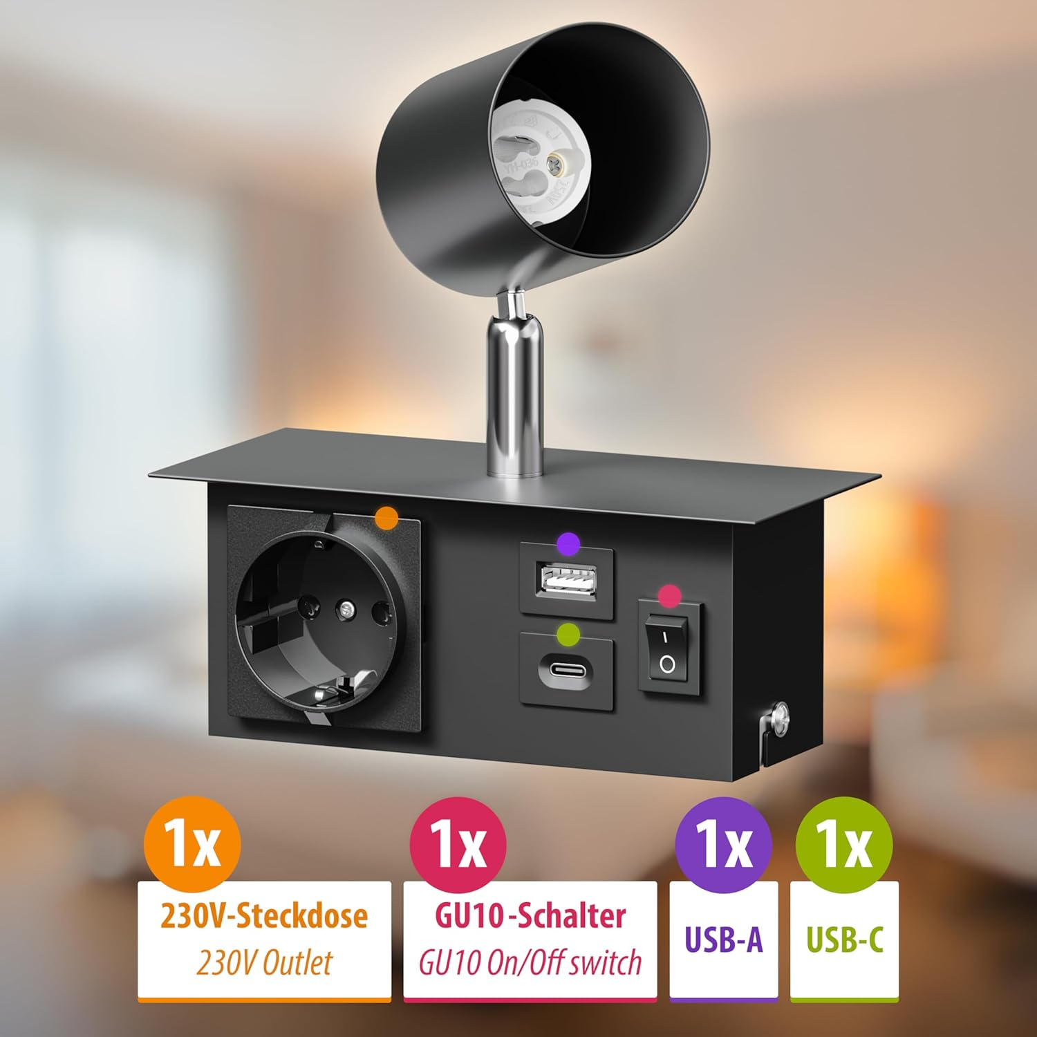 Ledscom.De Waika Wall Spotlight 1-Bulb Black Socket USB-C USB-A Includes LED GU10 Lamp 450 Lm Warm White image number 1