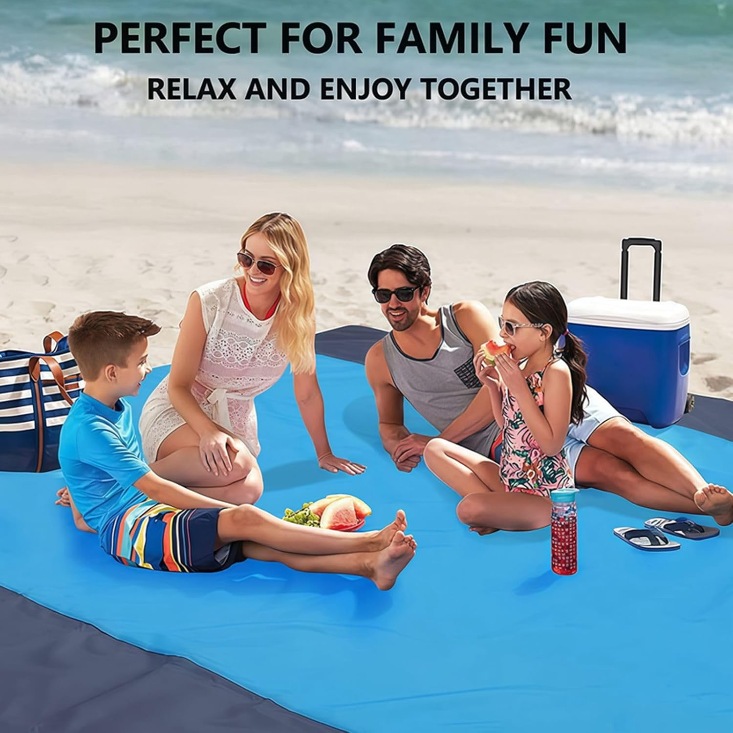 Extra Large Waterproof Picnic Blanket ： Beach Mat, Outdoor Camping Mat &ndash; Foldable, Portable, Sandproof, Tear-Resistant with Carry Bag for Family & Travel (Blue) - Blue image number 6