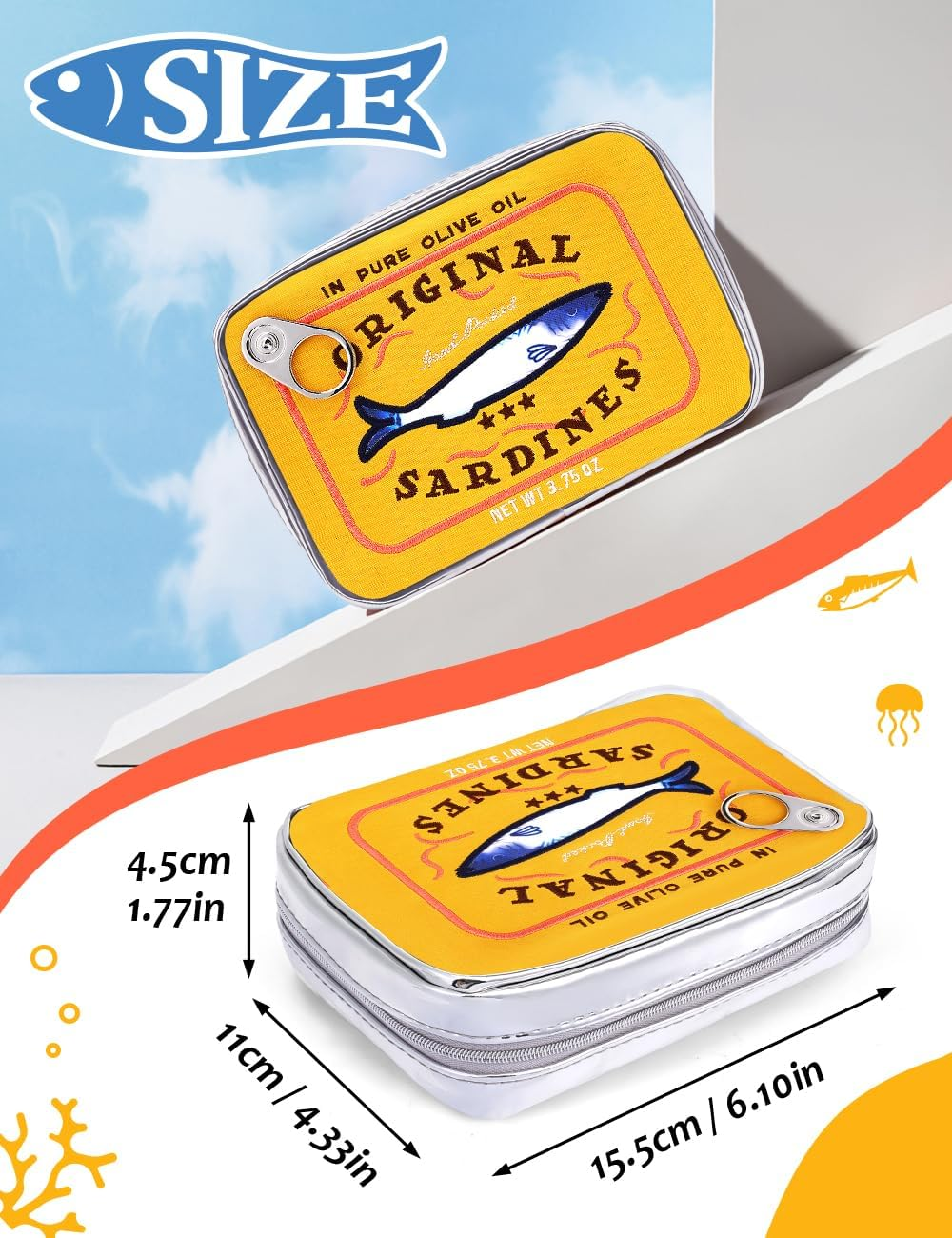 Cessfle Canned Sardines Makeup Bag, Creative Cute Makeup Bag Canned Fish Cosmetic Bag Coquette Cosmetic Pouch Aesthetic Toiletry Bag for Women Girls, Yellow image number 3