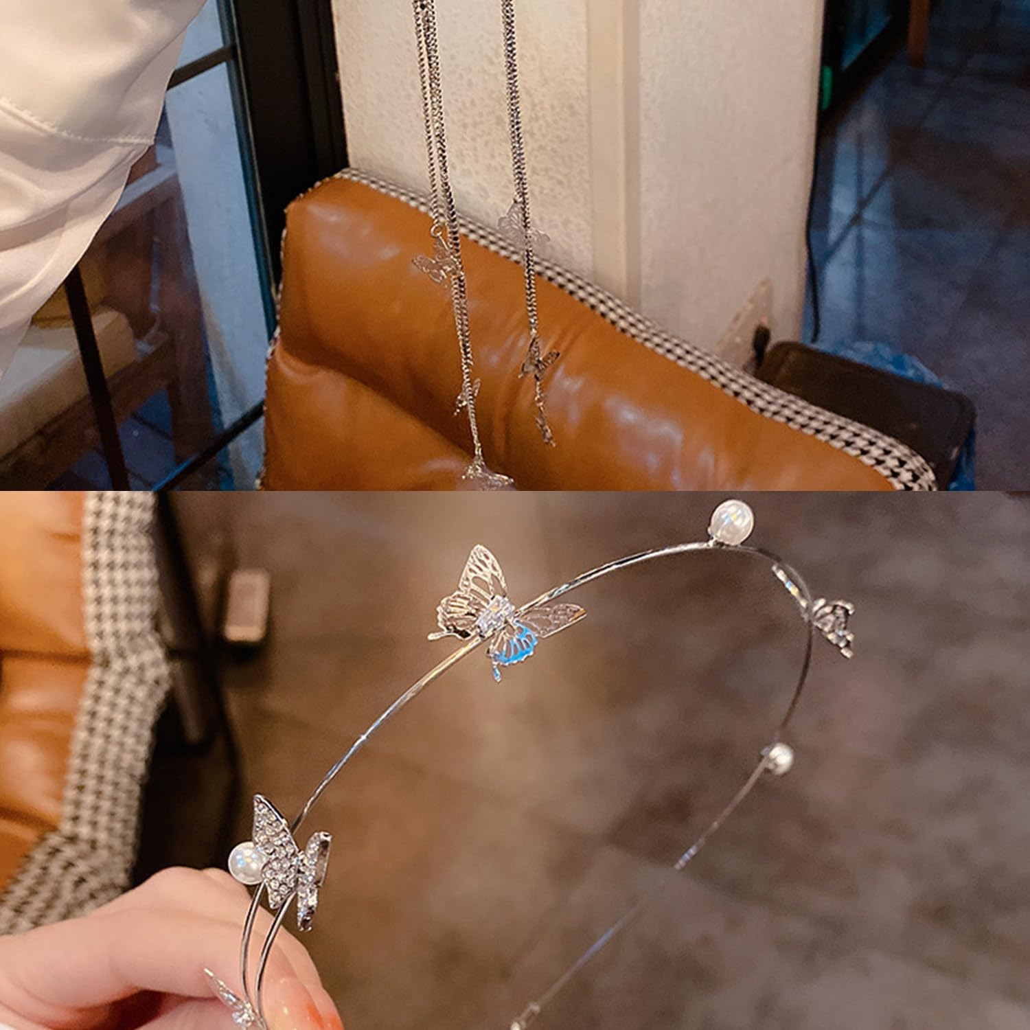 Wedding Butterfly Headband, Chain Silver Tassel Hair Hoop, Crystal Tassel Headband, Vintage Decorative Hair Hoop, Butterfly Crystal Headpiece, for Bride Girls Women image number 5