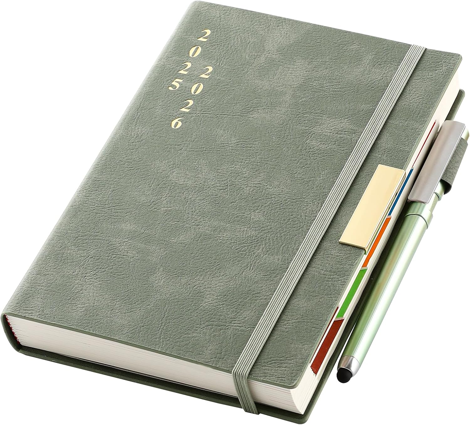 2025-2026 Diary A5 Page a Day,Diary 2025-2026 from Aug to Aug,13Months Planner 2025-2026,Hardcover Daily Planner with Colorful Monthly Tabs,Pen,Pen Loop, Inner Pocket, Bookmarks (Green)