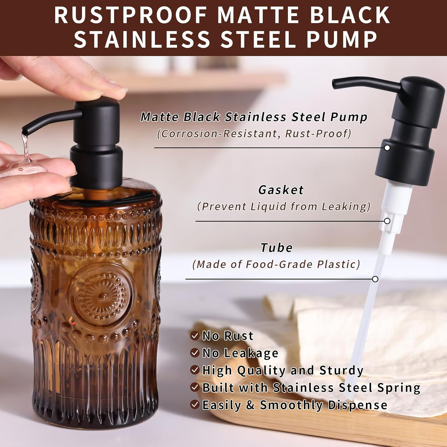 17 OZ Amber Glass Soap Dispenser with Black Stainless Steel Pump, Sunflower Embossed Glass Soap and Lotion Dispenser Set, Liquid Hand Soap Dispenser for Kitchen & Bathroom (2 Pack) - Green image number 4