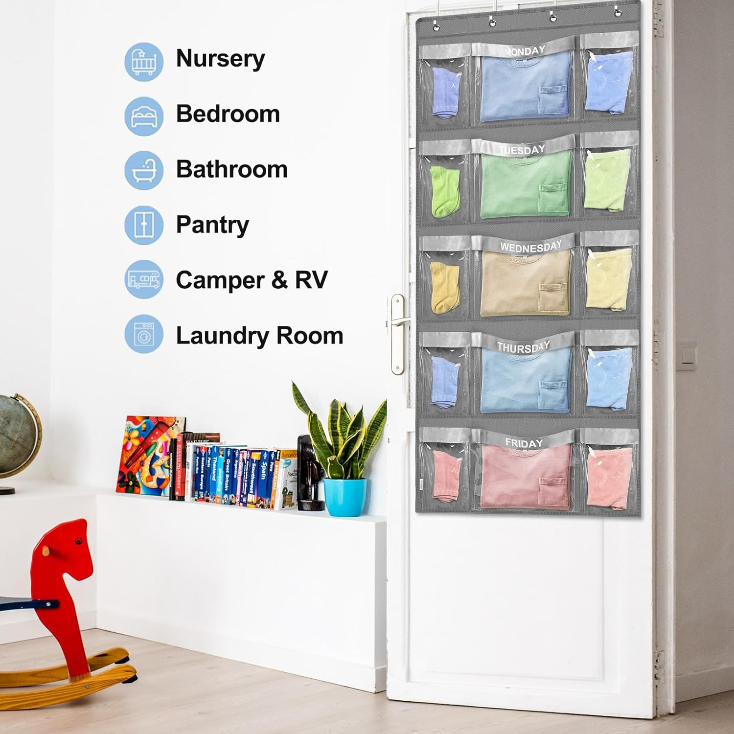 VERONLY Weekly Hanging Closet Organizer for Kids,Day of Week Kids Clothes Organizer,School Clothing Storage Monday to Friday Hanging Closet Organizer Shelves for Bedroom,Bathroom,Dorm (Grey) - Grey image number 4