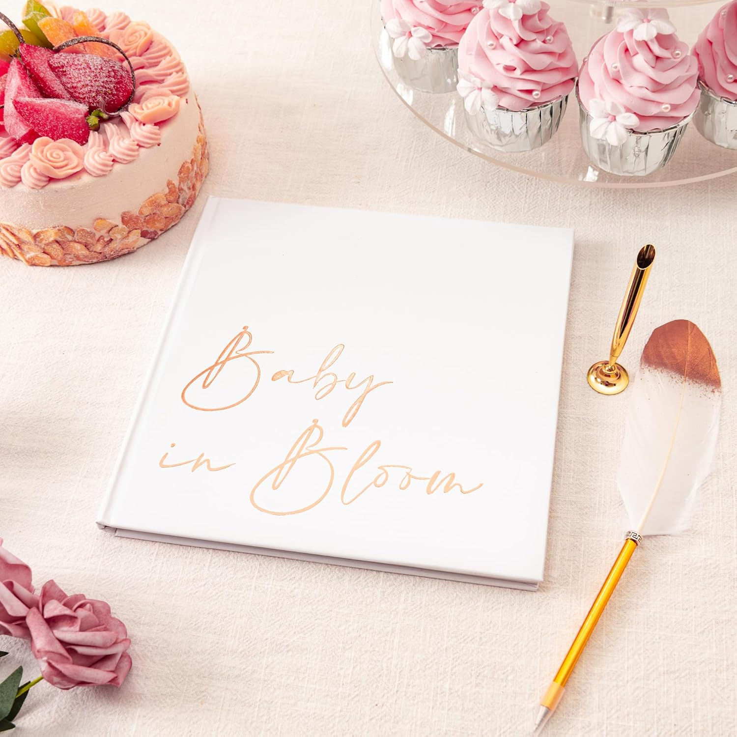 Calculs Baby in Bloom Picture Book Polaroid Baby Shower Guest Book Babies Scrapbook, White Cover, Rose Gold Foil Stamping, Blank White Pages image number 4