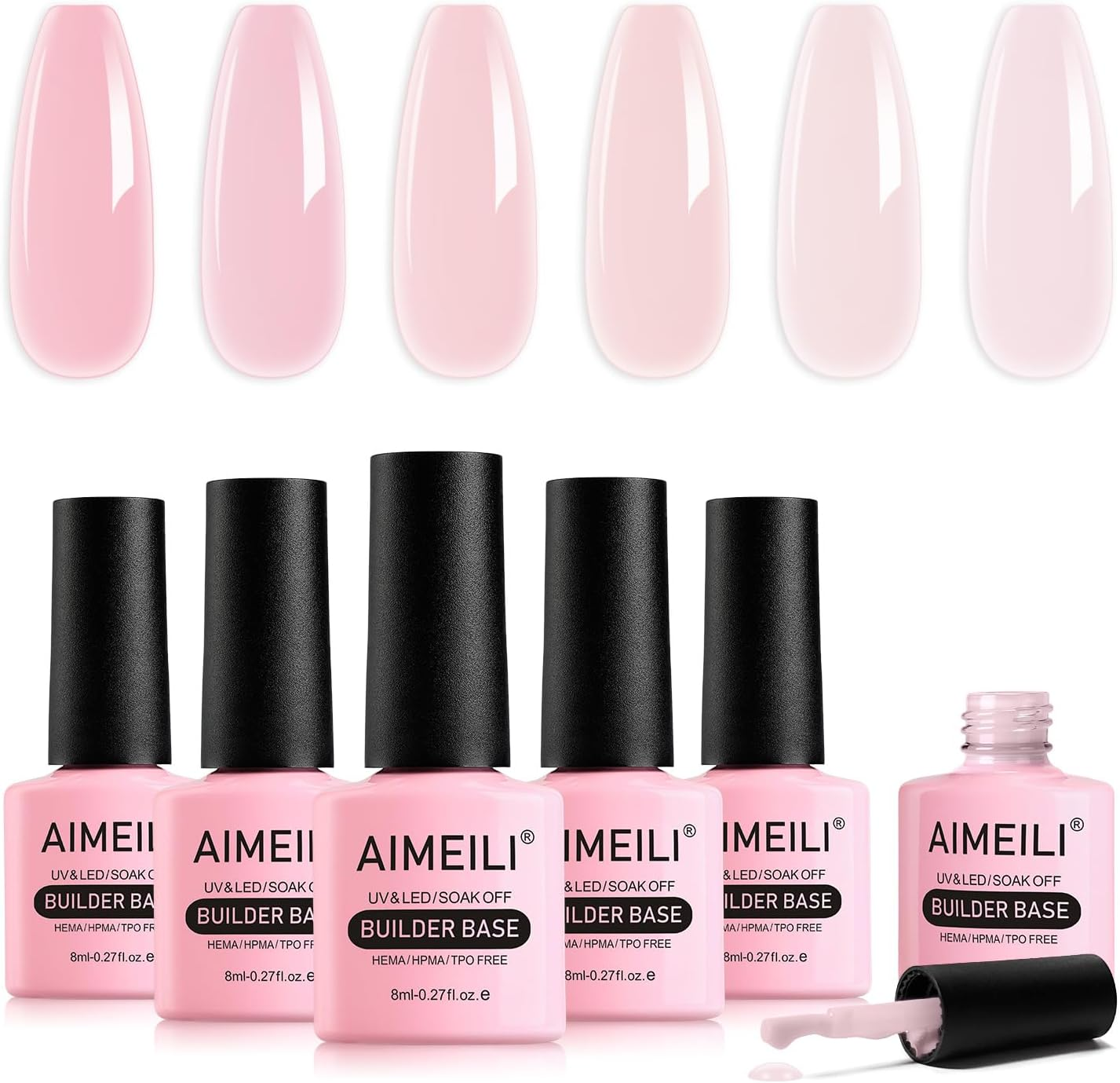 AIMEILI 8 in 1 Builder Nail Gel Set, 6Pcs Sheer Color Hard Gel Builder Base Nail Strengthening Gel Nail Extension False Nail Tips Glue Gel in a Bottle, UV LED Gel Polish 8ML Kit 37