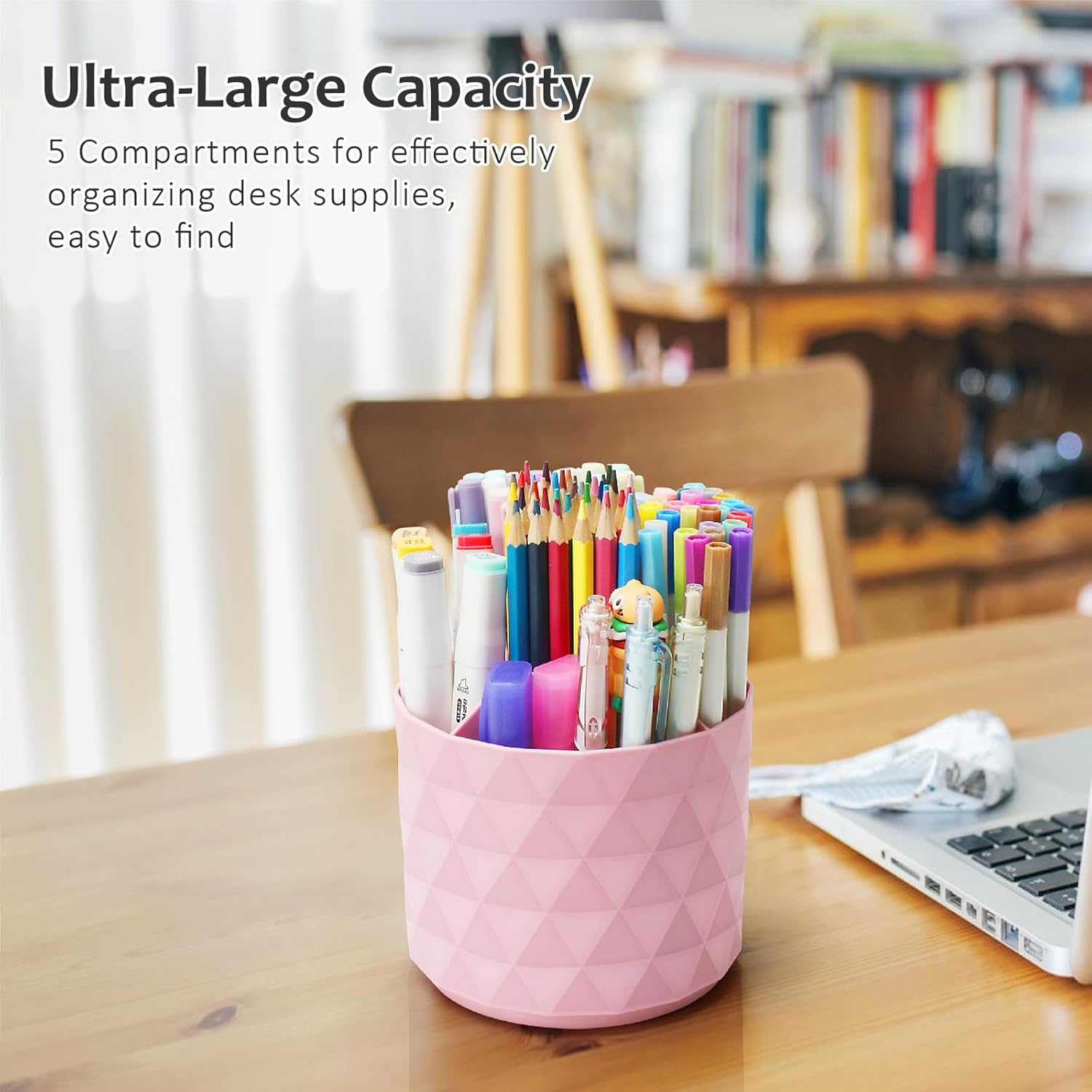 Nuozme Desk Organizer, 360-Degree Rotating Pencil Pen Holders for Desk, Diamond Pattern Pen Organizer with 5 Compartments, Cute Desk Accessories Decor for Office, School,Home,Art Supply (Pink) image number 2