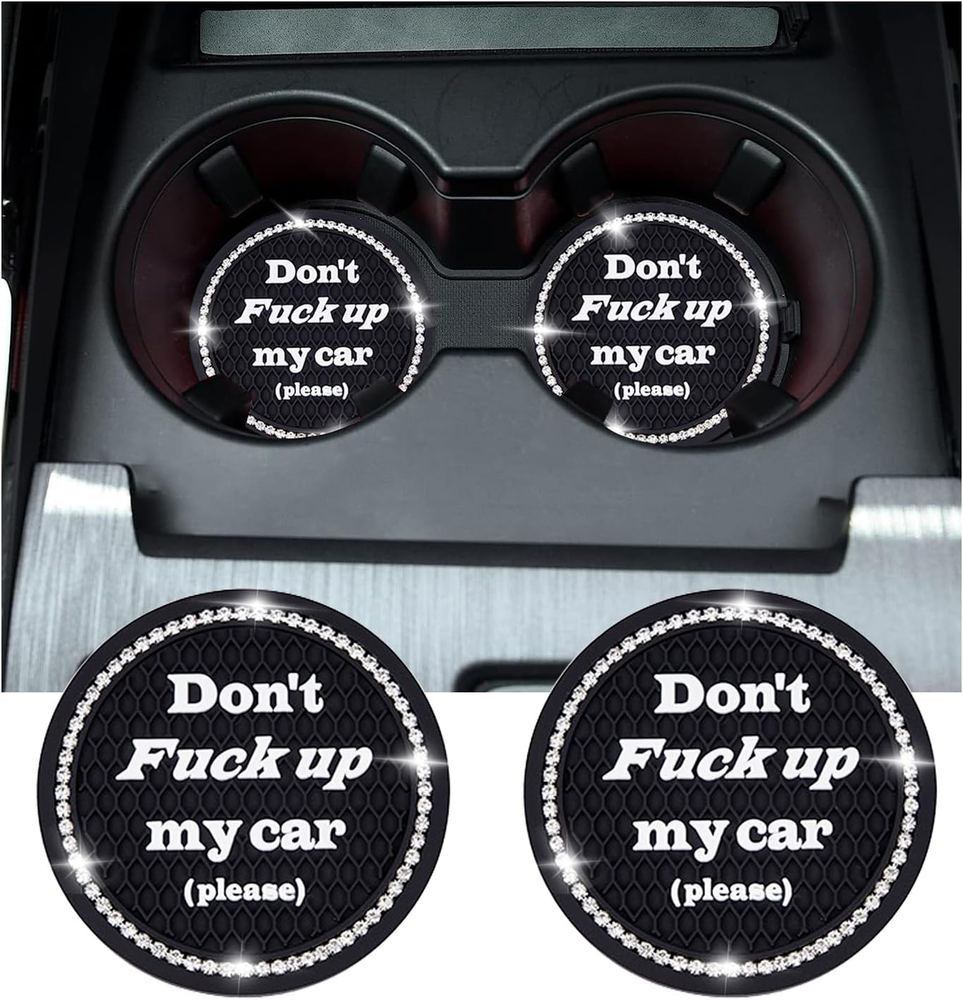 Kewucn 2 Pack Bling Car Cup Holder Coasters, 2.77 Inch Anti-Slip Soft Rubber Crystal Rhinestone Auto Cup Insert Pad, Universal Vehicle Interior Decor Accessories for Car SUV Truck (Red)