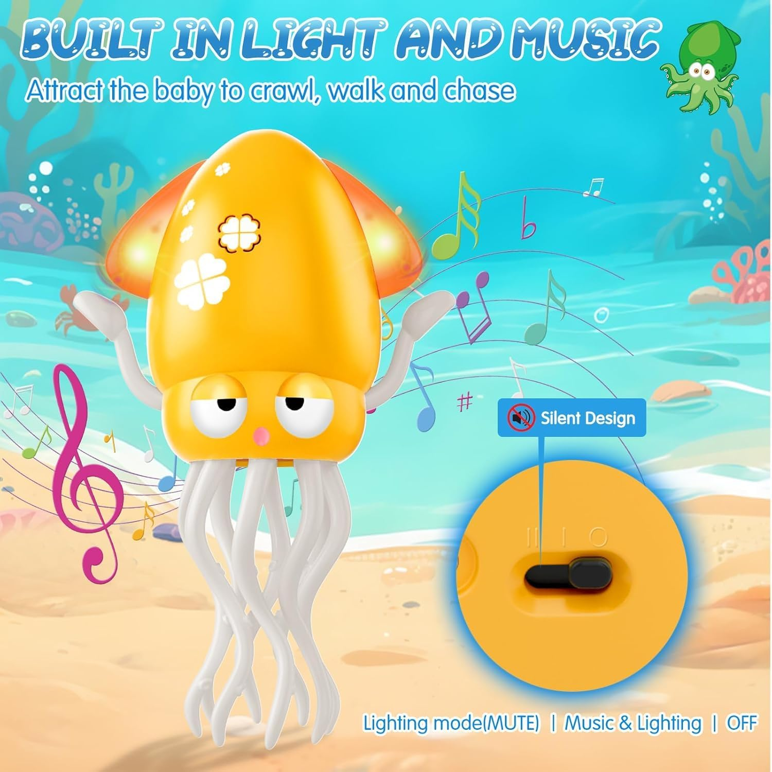 Dancing Octopus Baby Toy, Electric Crawling Octopus Tummy Time Toy, Rechargeable Magic Dancing Music Squid for Kids Boy Girl Birthday Gifts, Funny Squid for Office Desk Decor (Yellow)