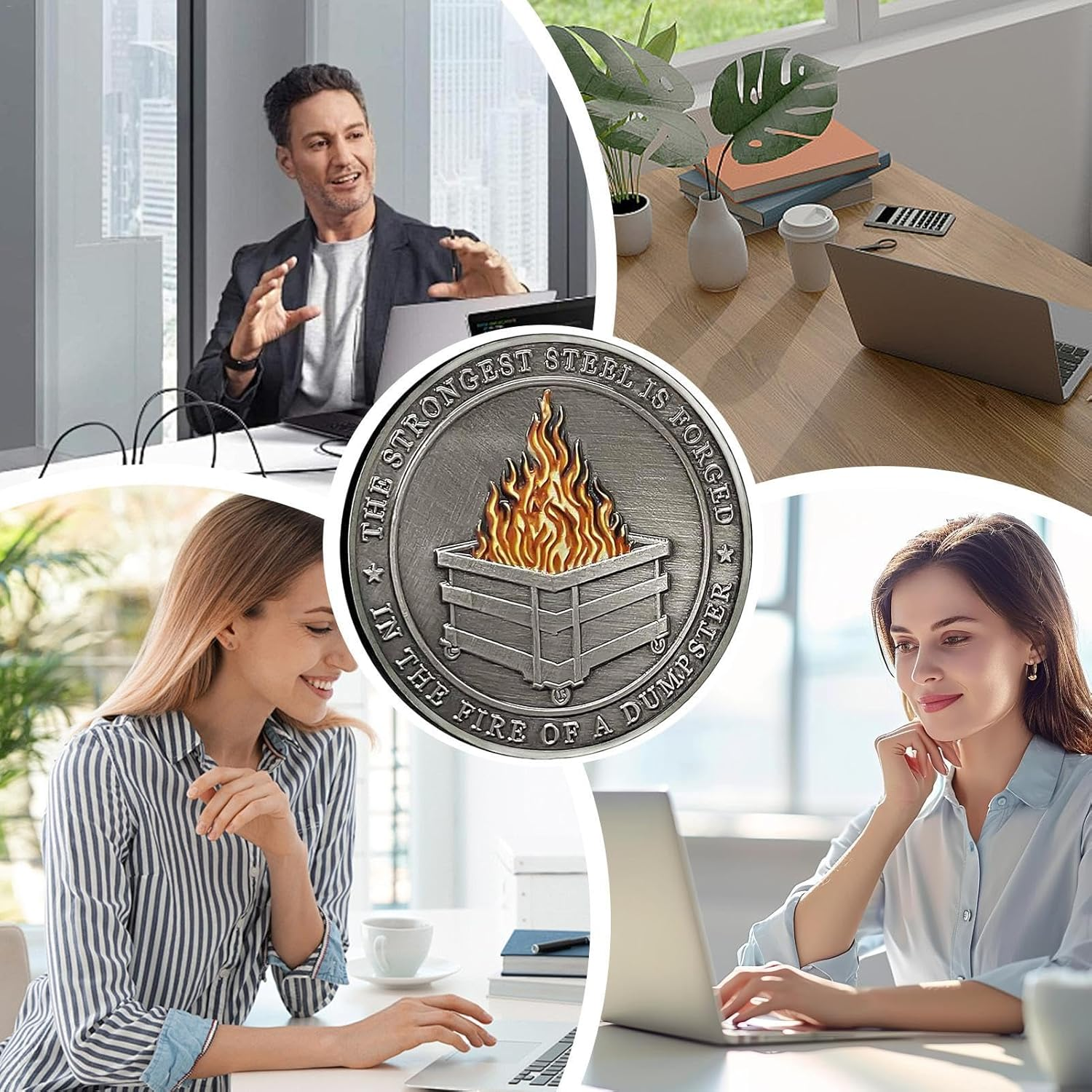 Dumpster Fire Challenge Coin, Strongest Steel Is Forged in a Dumpster Coin, the Fire of Dumpster Coin, Dumpster Fire Desk Coin Accessories, Encouragement Challenge Coin Motivational Prop for Women Men
