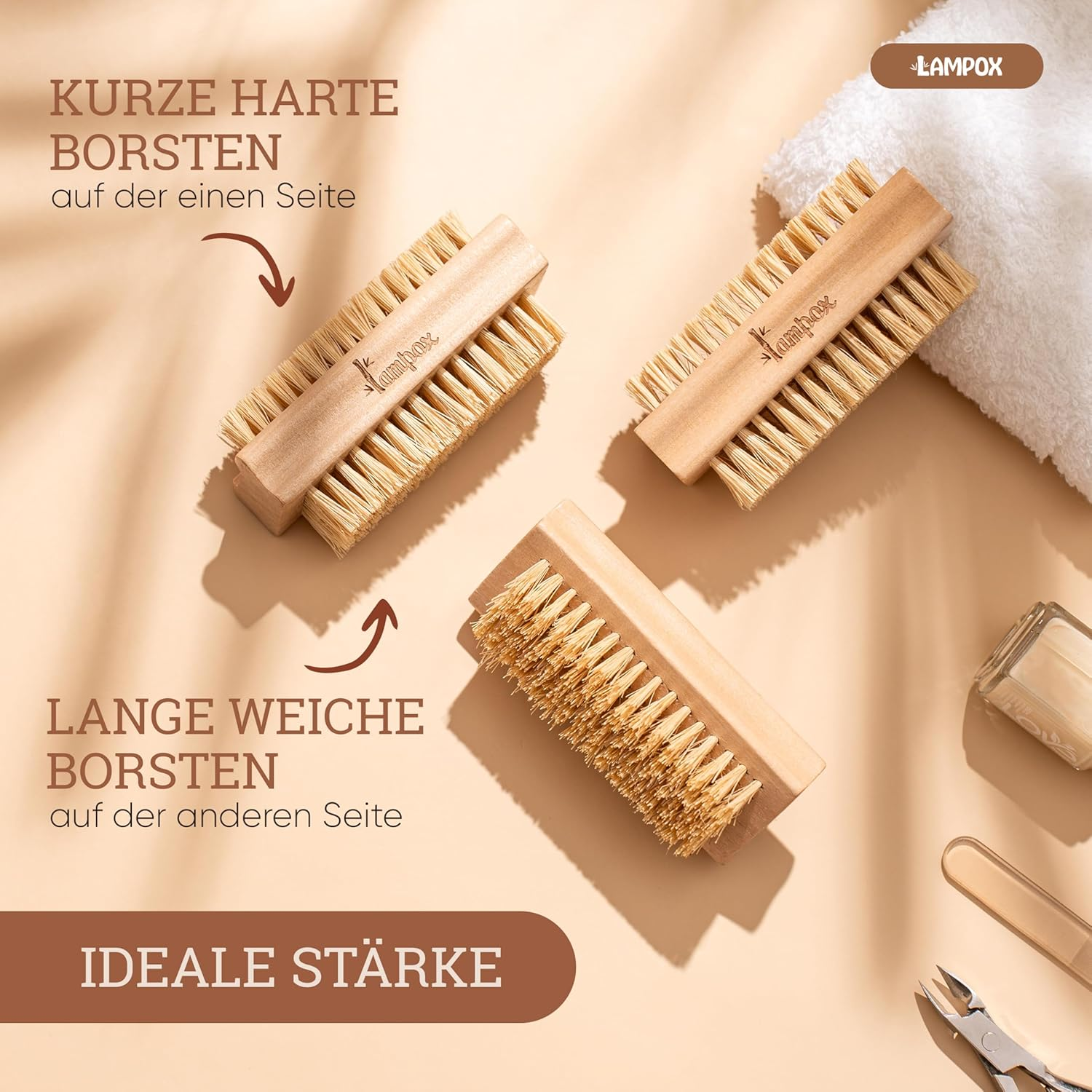 Lampox&reg; Wooden Nail Brush with Durable, Hard and Soft Bristles - Plastic-Free and Sustainable. Ideal as a Brush for Kids, Vegetable Brush, Root Brush, Finger Brush or Hand Wash Brush (3X) image number 3