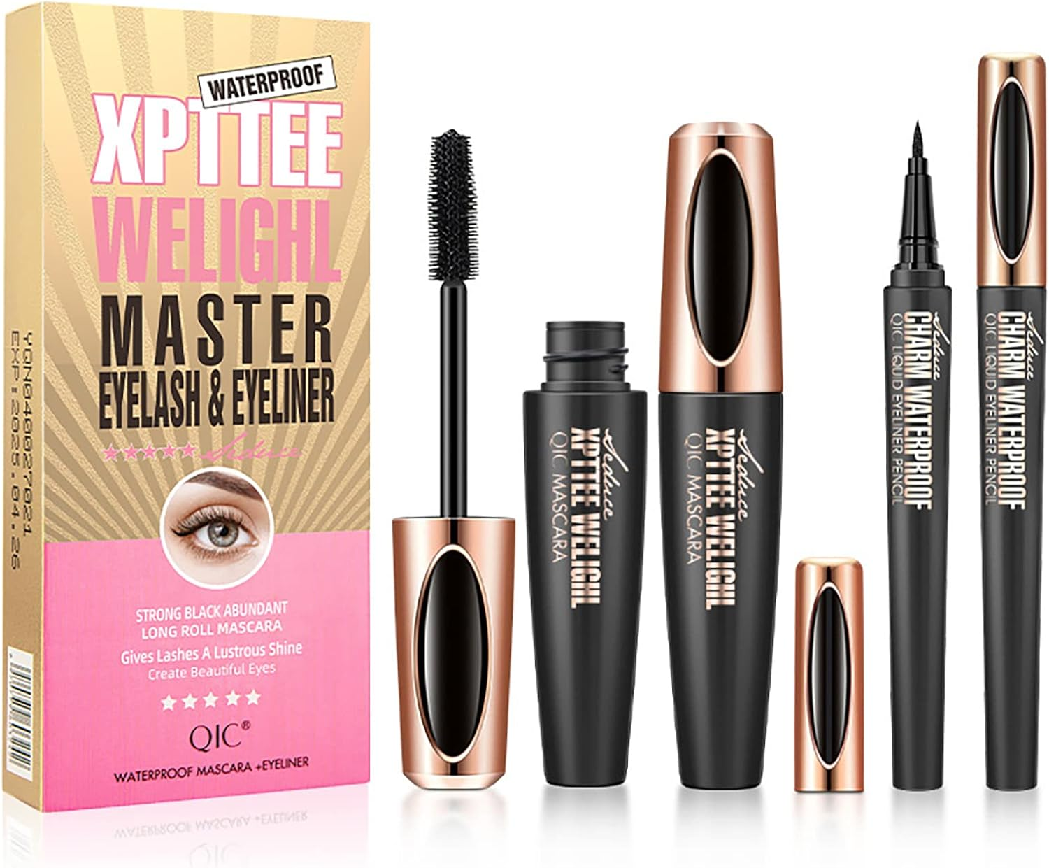 Black Waterproof Mascara & Eyeliner Set, 4D Silk Fiber Lash Extensions Colored Tubing Mascara Volume and Length, Long-Lasting Smudge-Proof Voluminous Mascara and Liquid Eyeliner Pen Set#001 image number 1