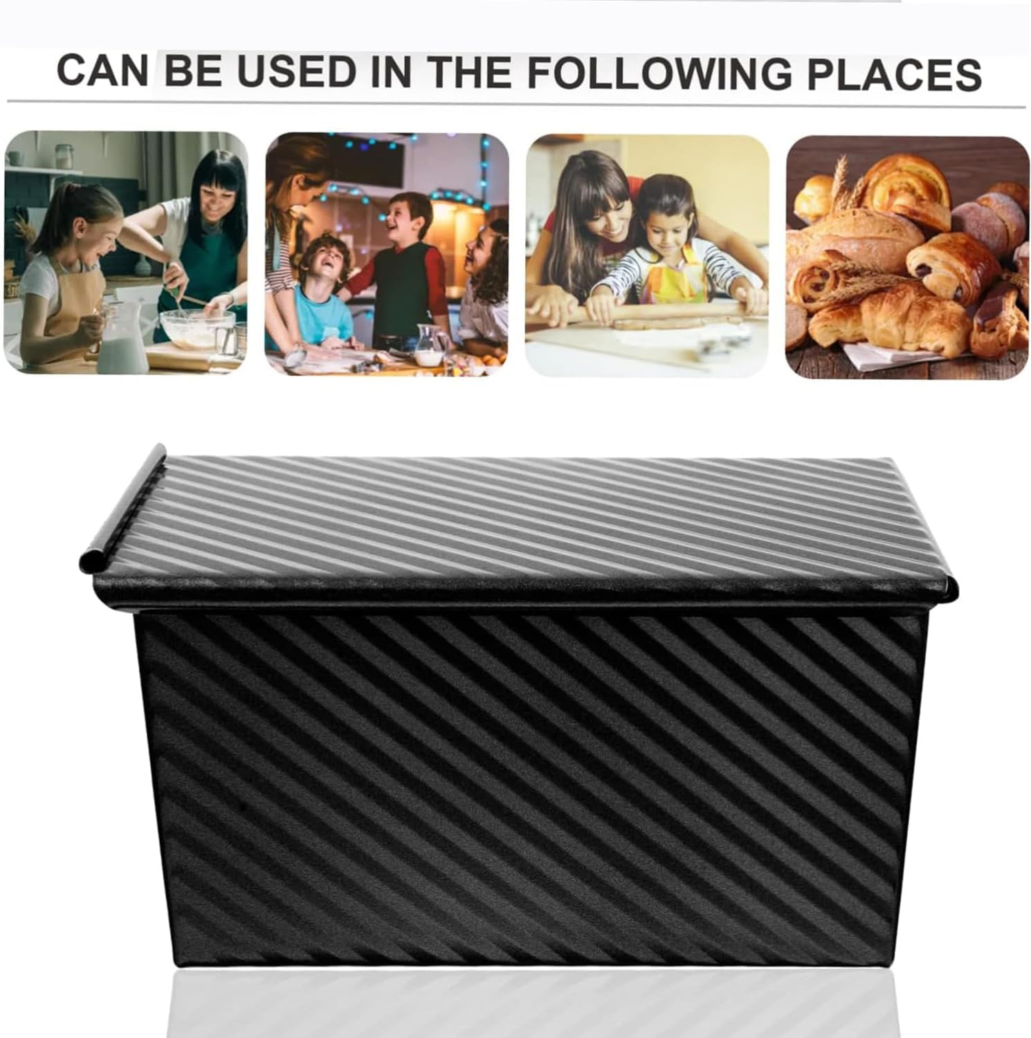 Loaf Pan with Lid, Non-Stick Bread Pans Bakeware, 1Lb Dough Carbon Steel Baking Bread Toast Mold,Corrugated Toast Box for Oven Baking, Big Capacity Baking Tool (Black) image number 5