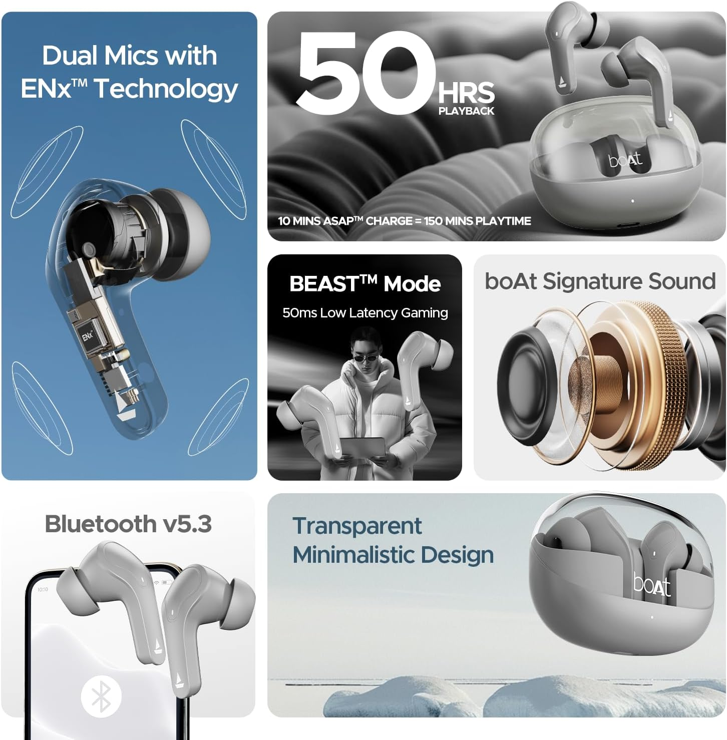 Boat Airdopes 311 Pro Truly Wireless in Ear Earbuds, up to 50 Hrs Playtime, Dual Mics, Low-Latency Mode, ASAP Charging, IPX4, IWP Tech, BT V5.3 (Space Grey) image number 6