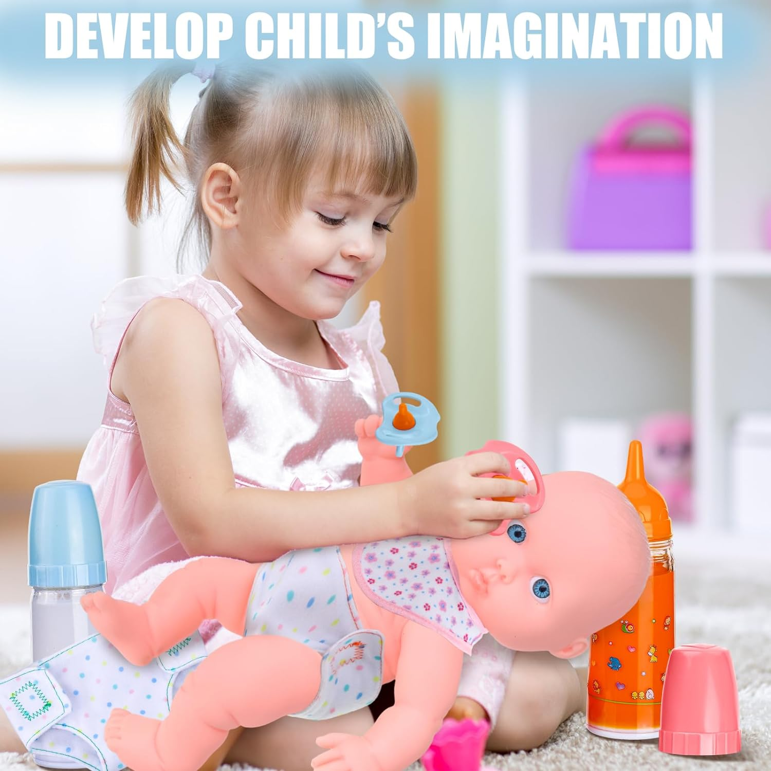 Shappy 10 Pcs Baby Doll Accessories Set Includes Baby Doll Diapers Bottles Pacifier Bibs Baby Caring and Feeding Accessories Set Stuff for Boys Girls Christmas Birthday Gift, as the Pictures Shown image number 3