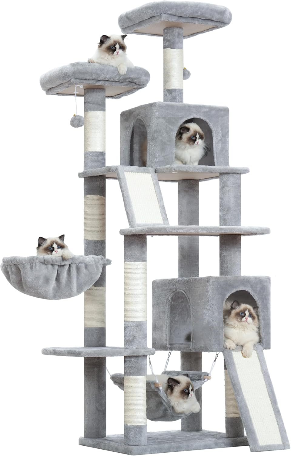 Gitelsnour Cat Tree, 71'' (180Cm) Cat Tower for Indoor Cats Large Adult, Multi-Level Cat Tree Tower with 2 Scratching Boards/Posts, 2 Plush Perches, 2 Cat Condos, Hammock, Smoky Gray GCT032G