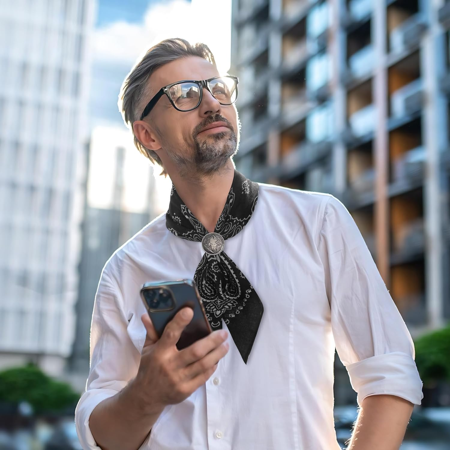 Hymeiluely Western Bandana Scarf with Vintage Coin Buckle, Paisley Pattern Neck Scarf for Men Pocket Square Cowboy Scarves - Light Pink image number 6