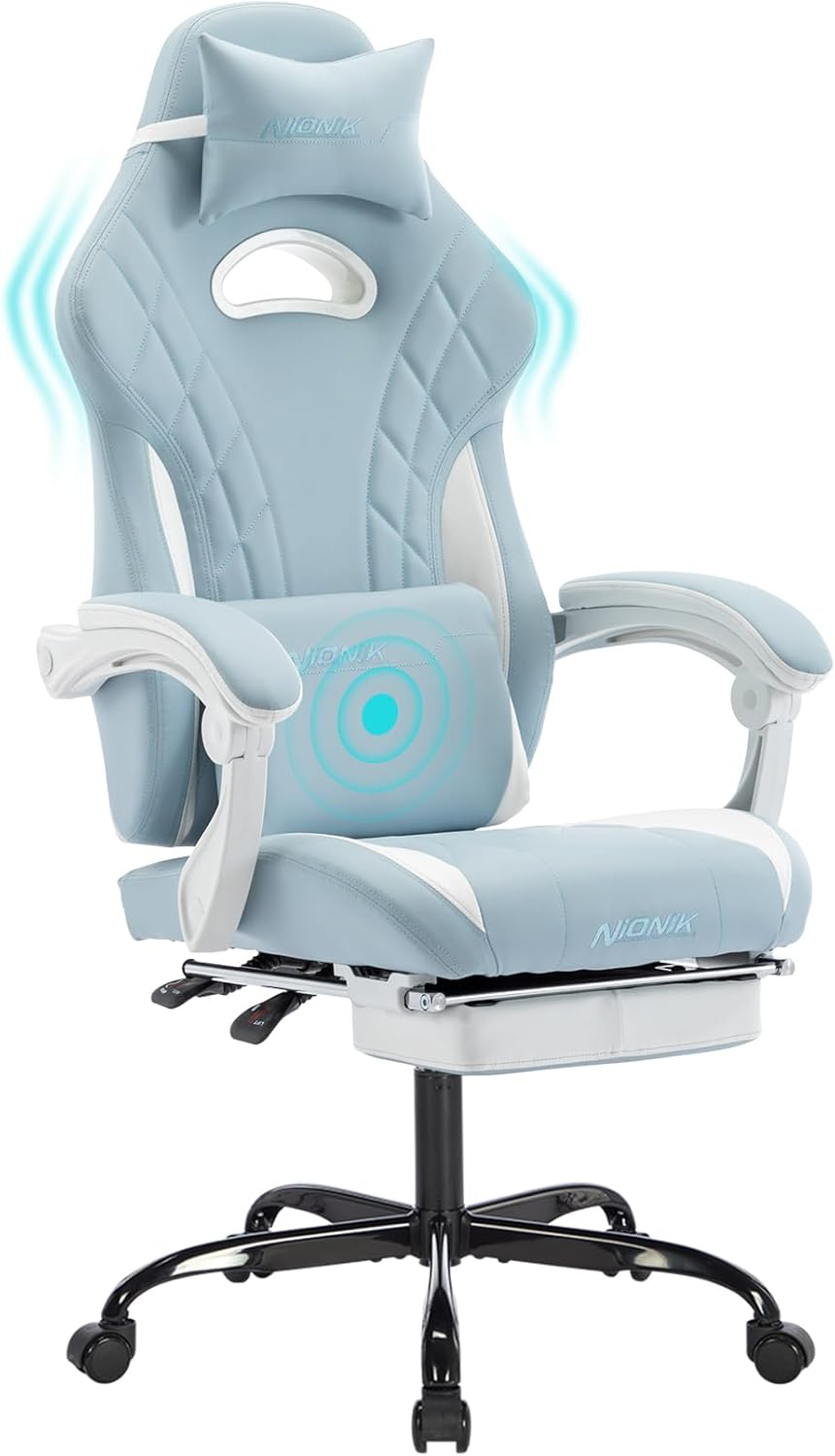 Segedom Gaming Chairs High Back Massage Game Chair with Footrest Computer Reclining Chair with Headrest and Lumbar Support for Big and Tall PVC Leather Gaming Chair for Adults (Cyan White) - Blue image number 5
