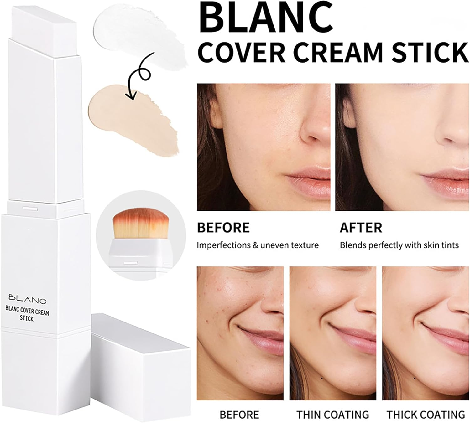 Blanc Cover Cream Stick V White - Korean Color Changing Foundation Stick with Brush Head,Double-Head Design,Medium to Full Buildable Coverage,Moisturizing & Waterproof for All Skin Types(#4 MEDIUM) image number 3