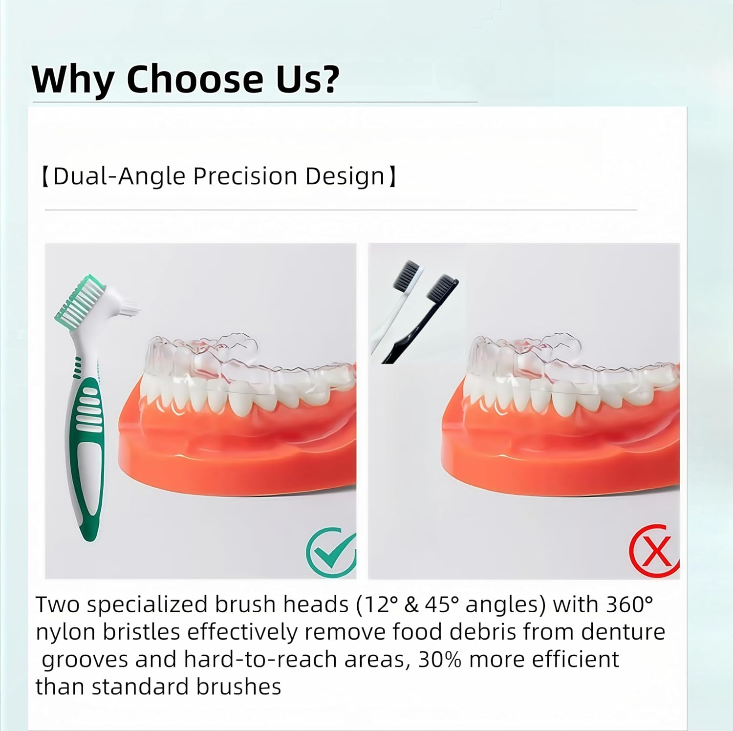Denture Cleaning Brushes 2-Pack with Dual-Angle Heads - Soft Nylon Bristles & Ergonomic Grip, Travel Denture Brush Kit for Seniors (Green/Purple) | Denture Care Essentials