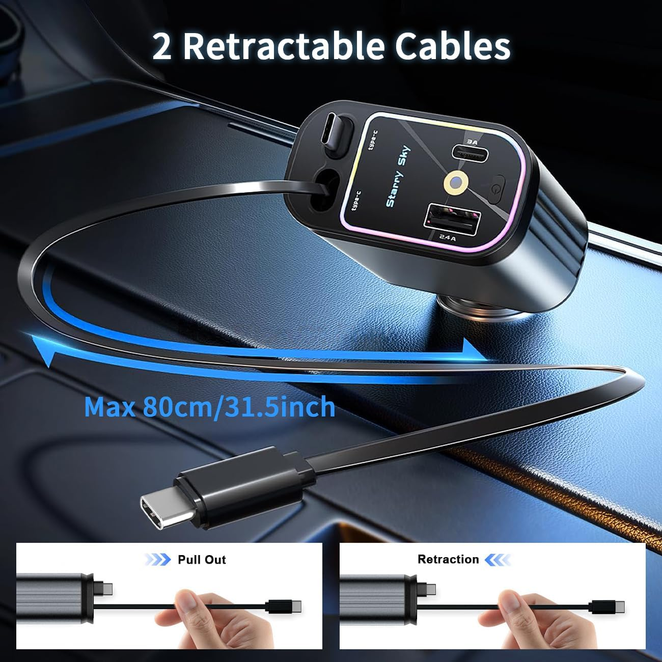 Retractable Car Charger with Star Lights, YACAISI 4 in 1 Fast Car Phone Charger Adapter, Star Lights Retractable Cables and USB C Car Charger Adapter for Iphone 16 15 14 13 12,Galaxy, Pixel image number 1