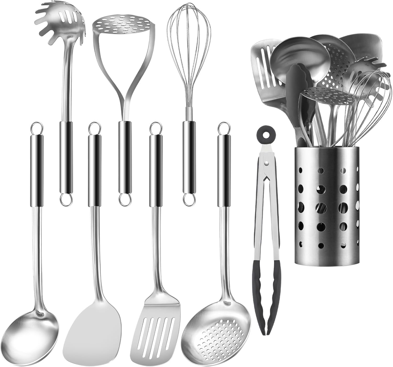 BEWOS 9 Piece Stainless Steel Kitchen Utensil Set - Cooking Utensils Set with Spatula and Utensil Holder, Heat Resistant & Dishwasher Safe, Non-Stick Friendly Kitchen Tools & Gadgets