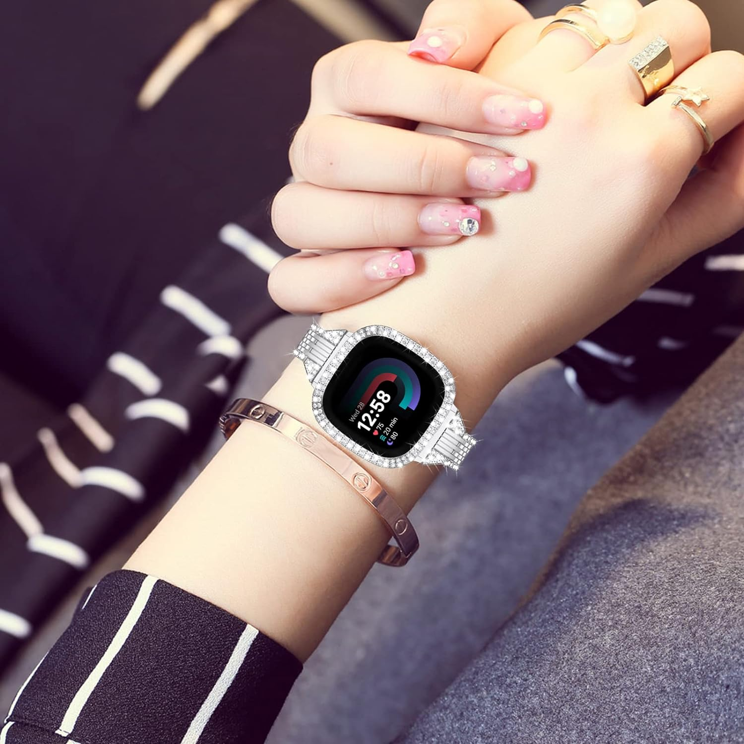 MOFREE Compatible for Fitbit Versa 4 Bands/Fitbit Sense 2 Bands Women with Hard Bling Bumper Protective Case Cover, Dressy Jewelry Diamond Rhinestone Metal Wristband for Fitbit Versa 4/Sense 2