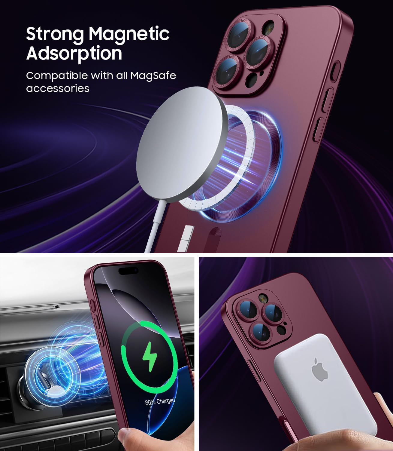 LEKEVO Magnetic for Iphone 16 Pro Max Case [Compatible with Magsafe][Built-In Camera Lens Protector] Slim Soft Silicone Bumper Shockproof Metallic Luster Phone Case (Burgundy) image number 6