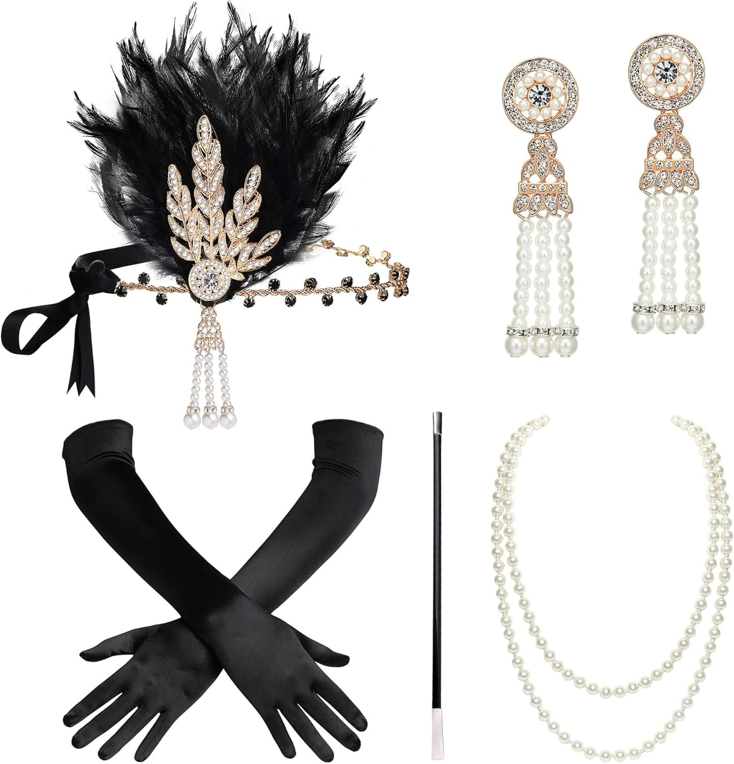 BABEYOND Art Deco 1920'S Flapper Great Gatsby Inspired Leaf Medallion Pearl Headband Feather (Gold and Champagne Feather)