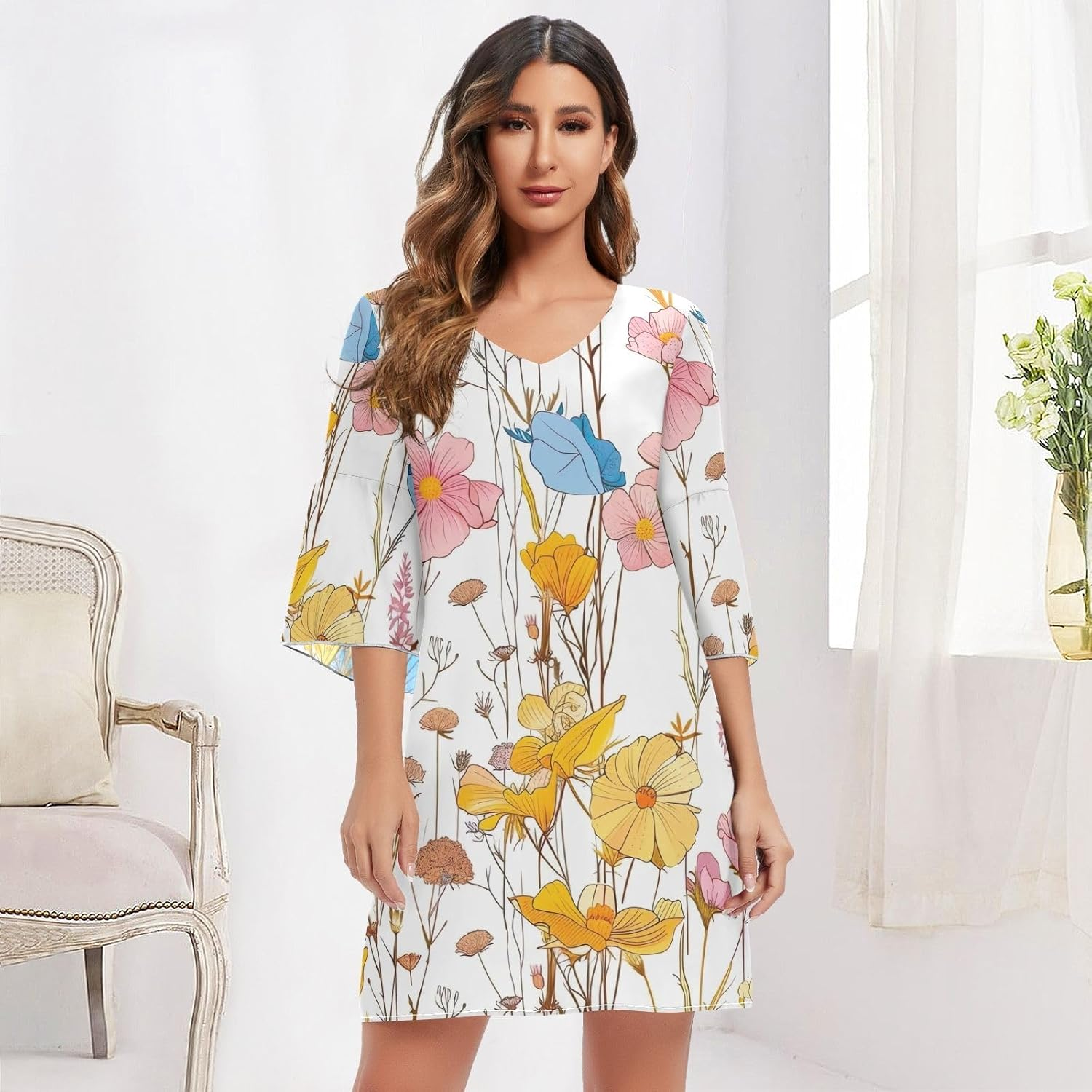 Vintage Wildflower White Short Summer Dress Printed Line Maternity Dress S-XXL image number 2