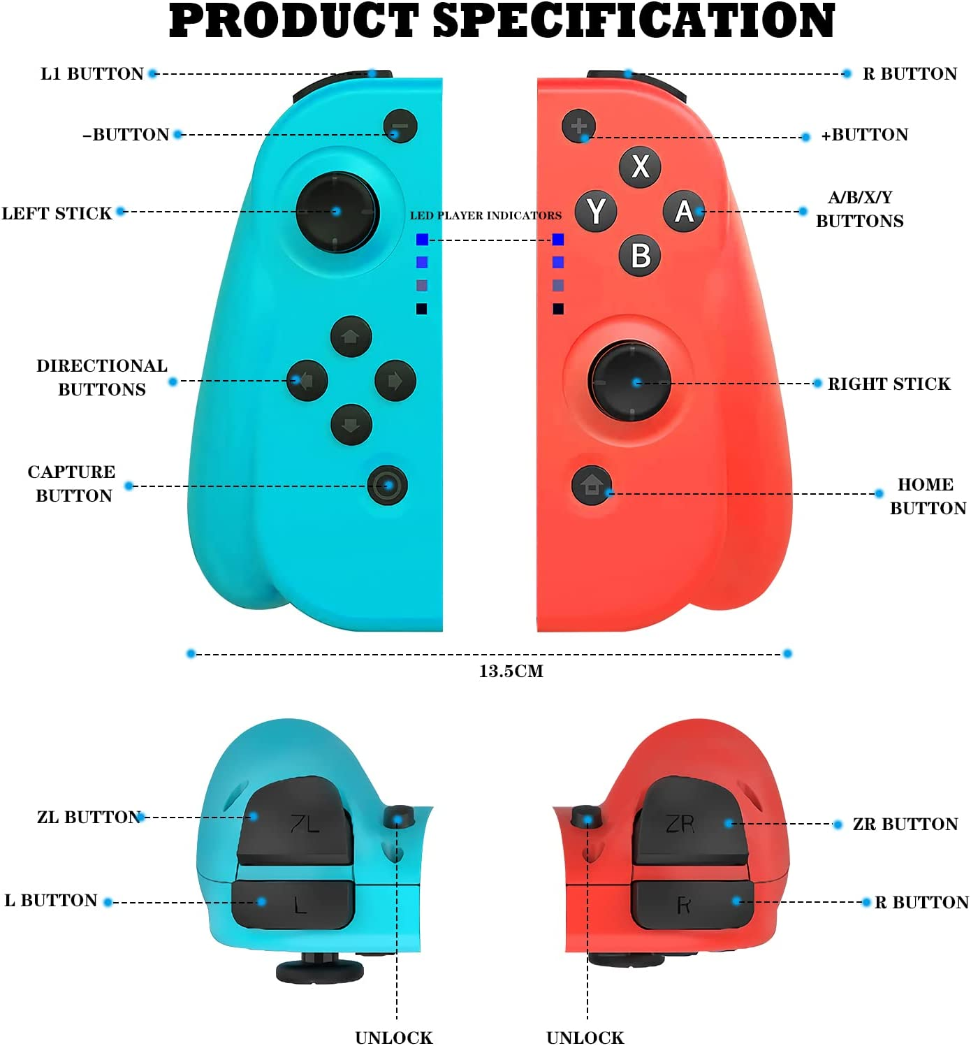 Switch Controller Wireless Gamepad for Switch, Switch Lite Controller with Rechargeable Remote, Double Shock and 6-Axis Gyro, Compatible with Switch/Switch Pro(Red+Blue) image number 2