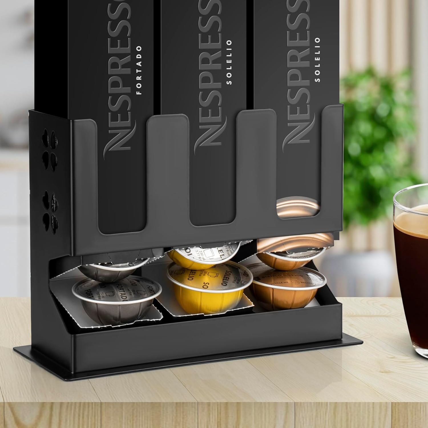RECAPS Coffee Pod Holder Stand for Stores 30 Pods Compatible with Vertuoline Coffee Pods Cast Iron Black Color (Coffee Pods with Sleeve Box Are Excluded)